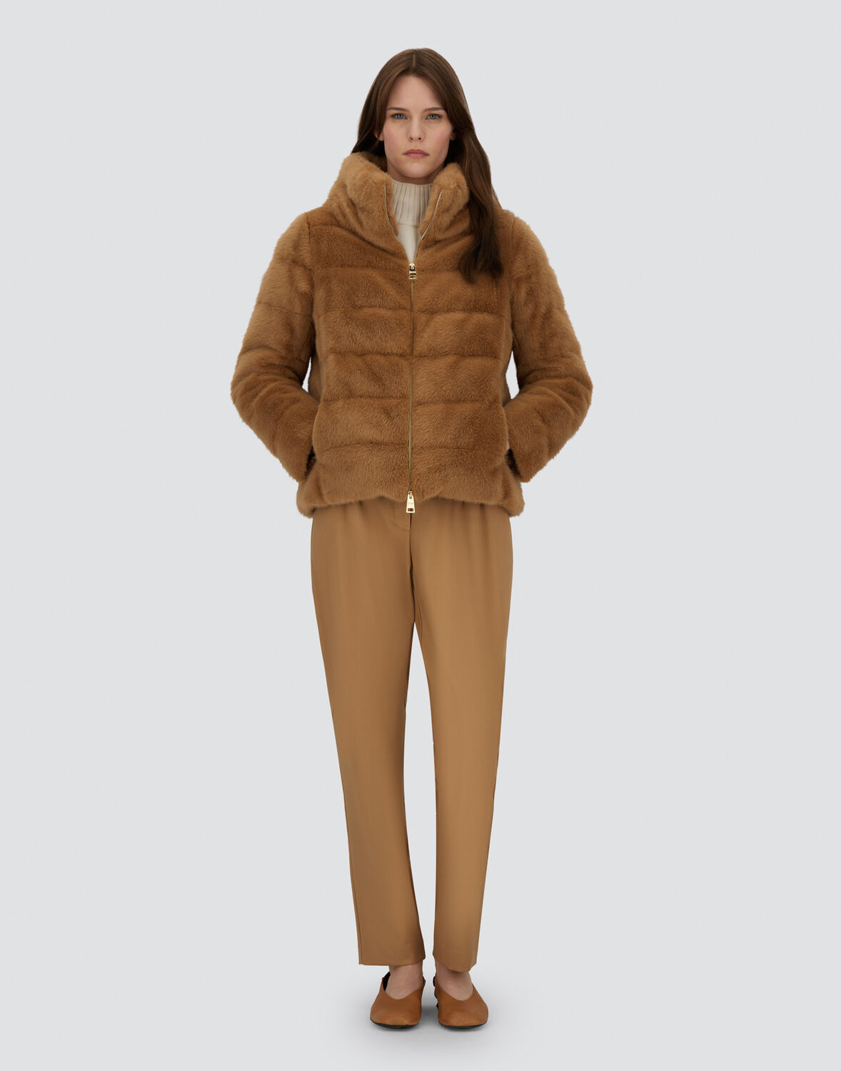 Herno Down Cape Style Jacket With Fur Effect In Camel