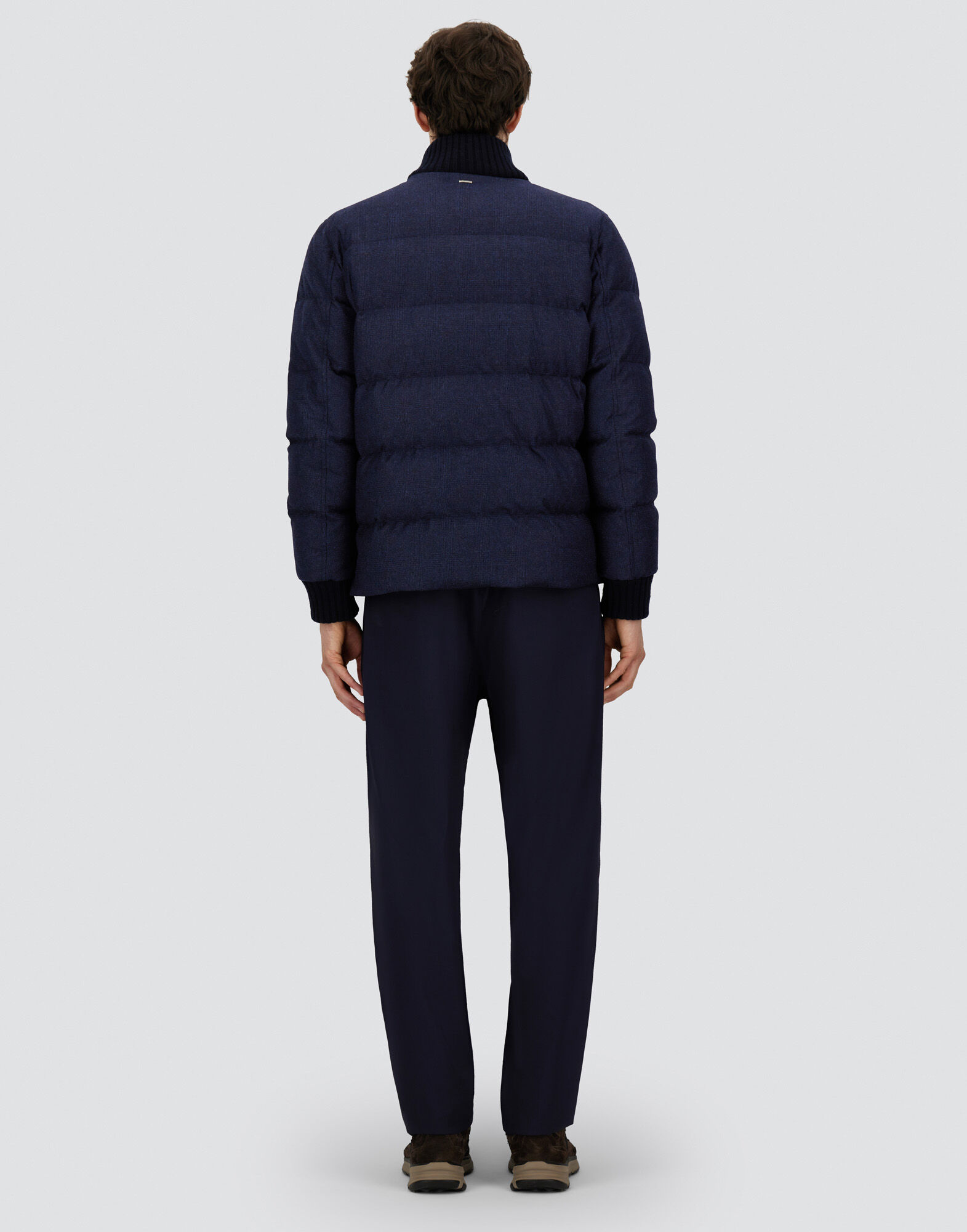 メンズ ウールカシミア グレンチェック ボンバージャケット ネイビー