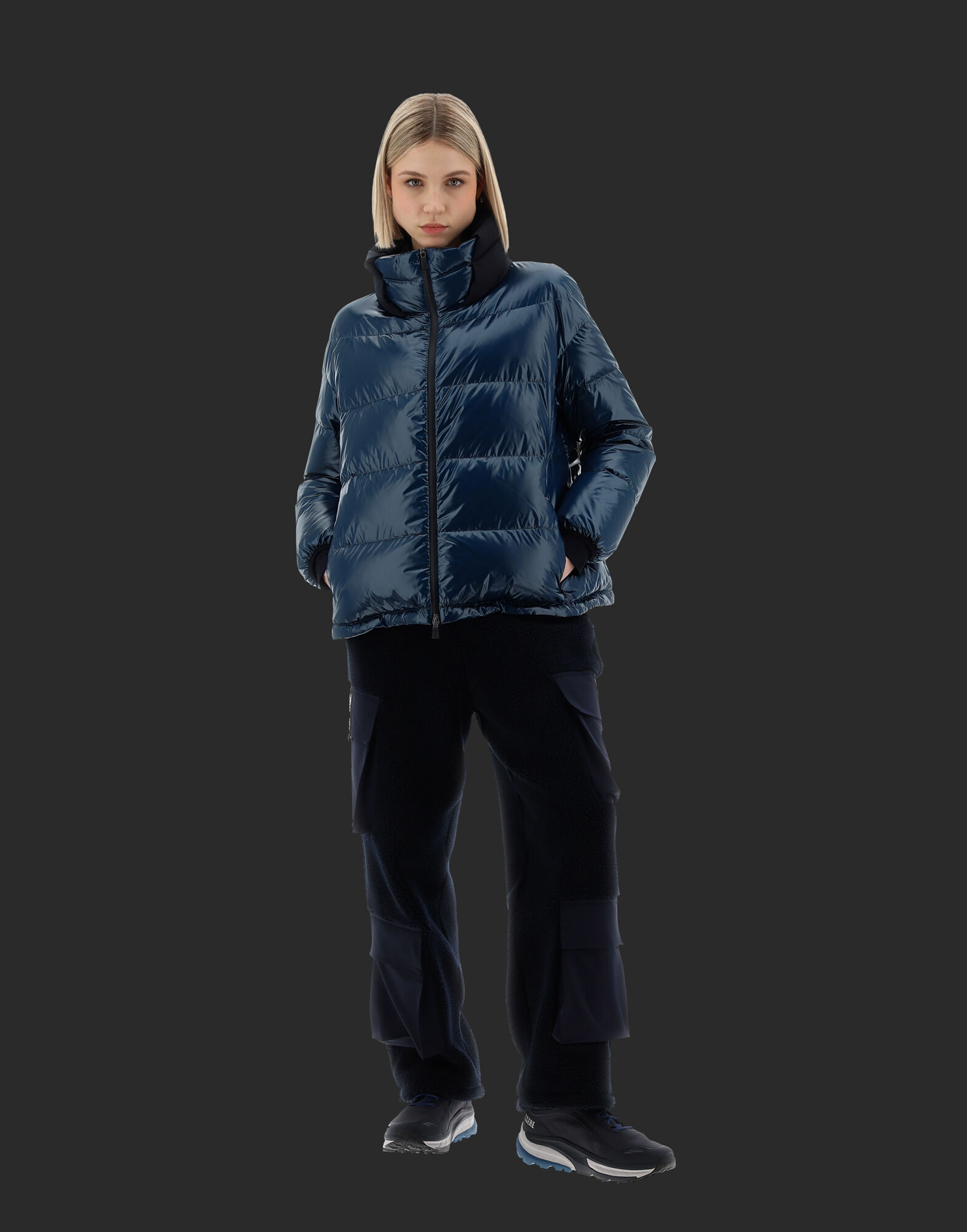 Glazed nylon puffer deals coat with hood