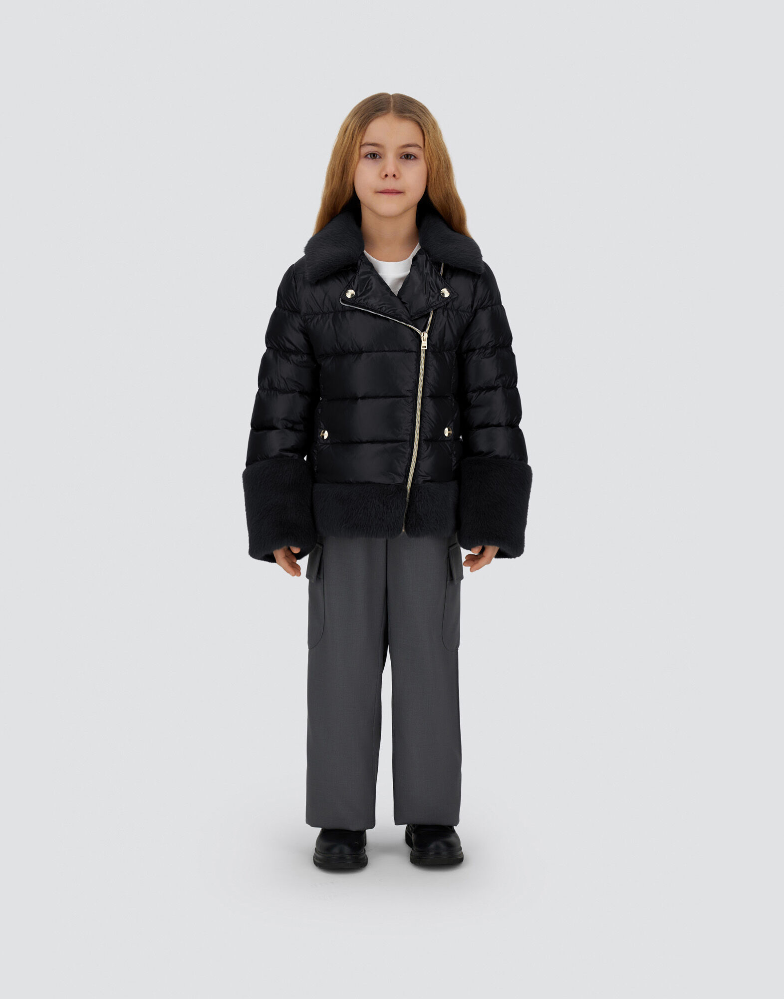 BIKER JACKET IN NYLON ULTRALIGHT AND LADY ALTERNATIVE FUR in Black