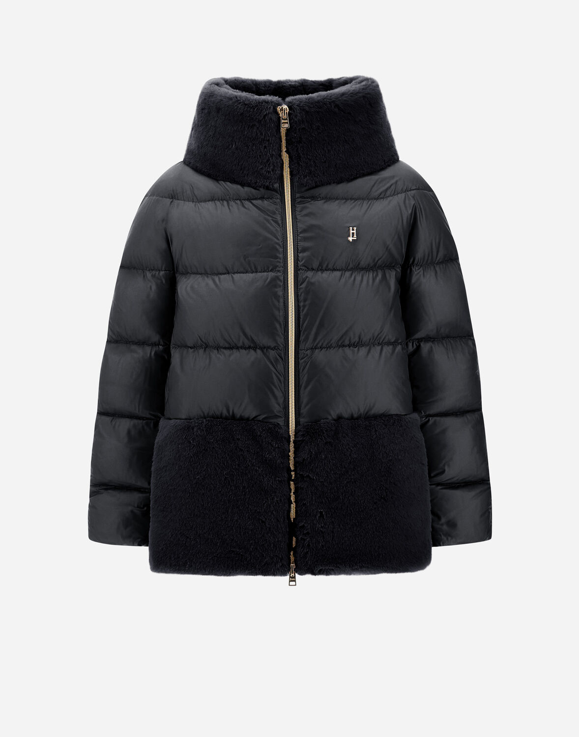Herno A-shape Jacket In Nylon Ultralight And Soft Faux Fur In Black