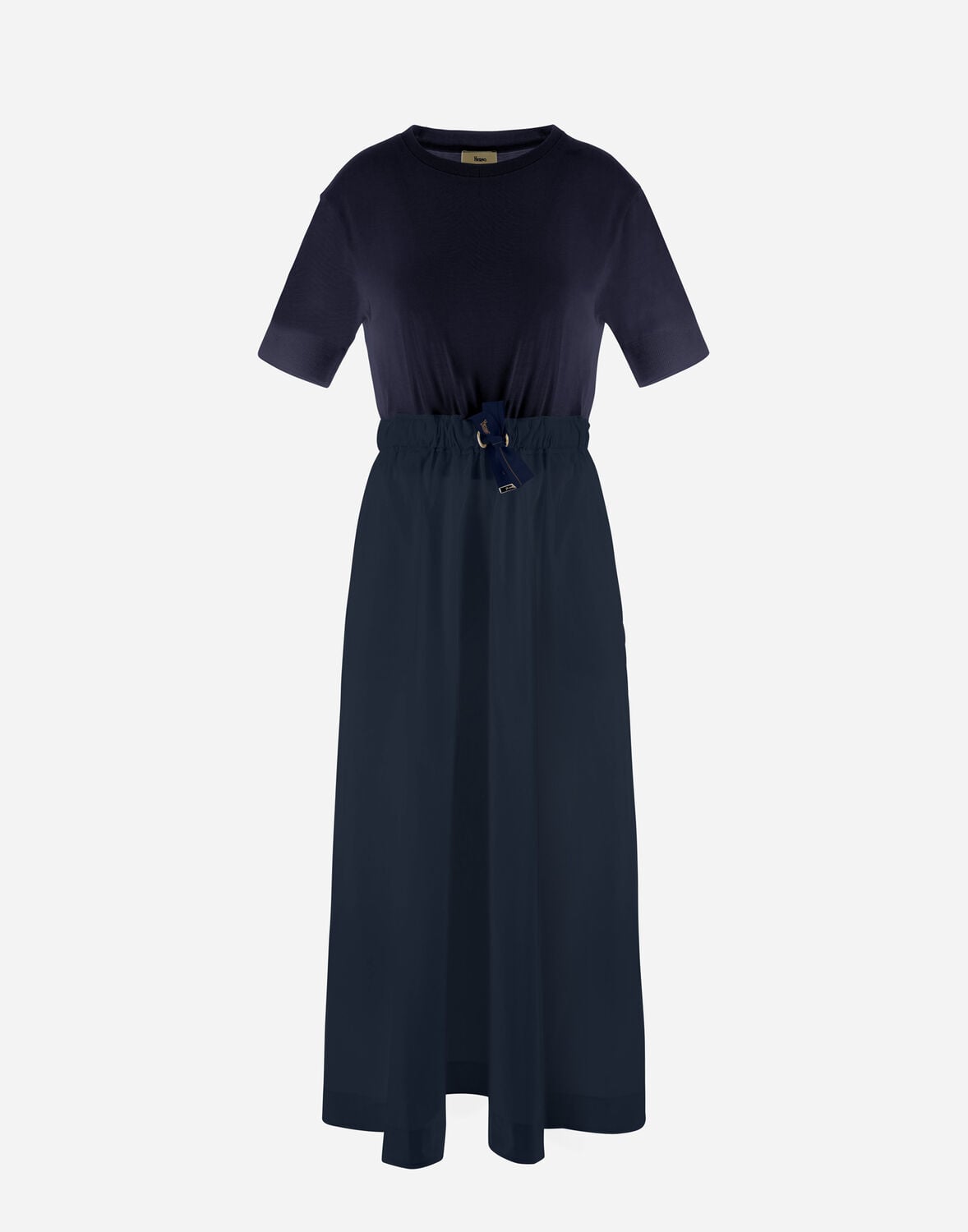 Herno Blue Crewneck Midi Dress With Elastic Drawstring Waist And Panelled Design In Tech Fabric Woman In Black