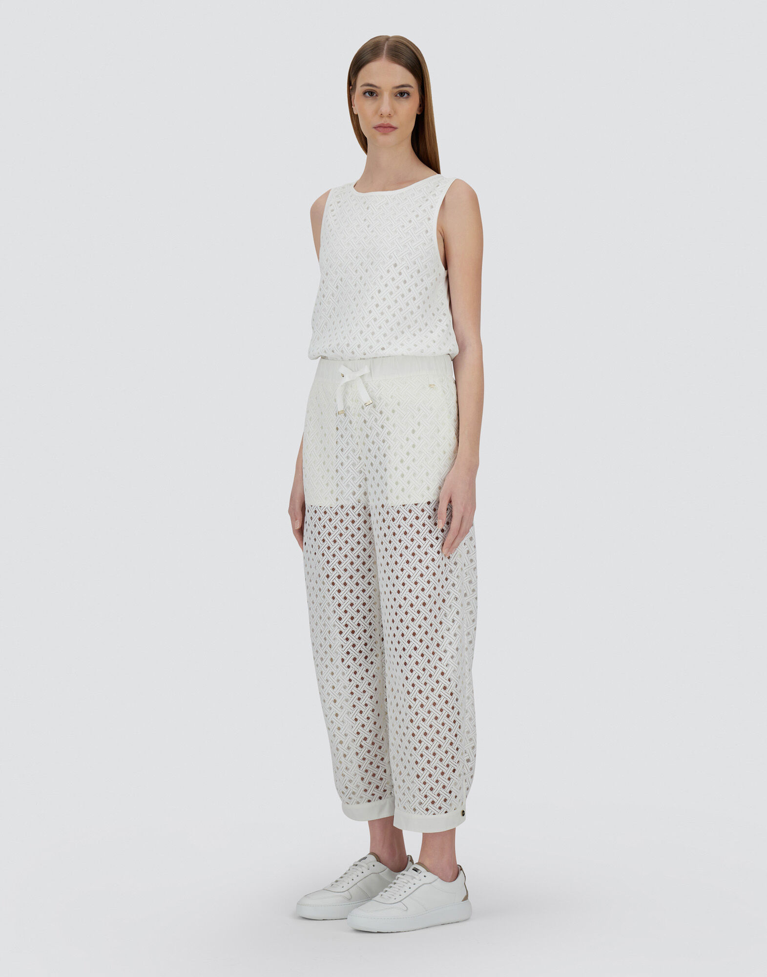 TROUSERS IN CROCHET LACE AND NEW TECHNO TAFFETA in White for