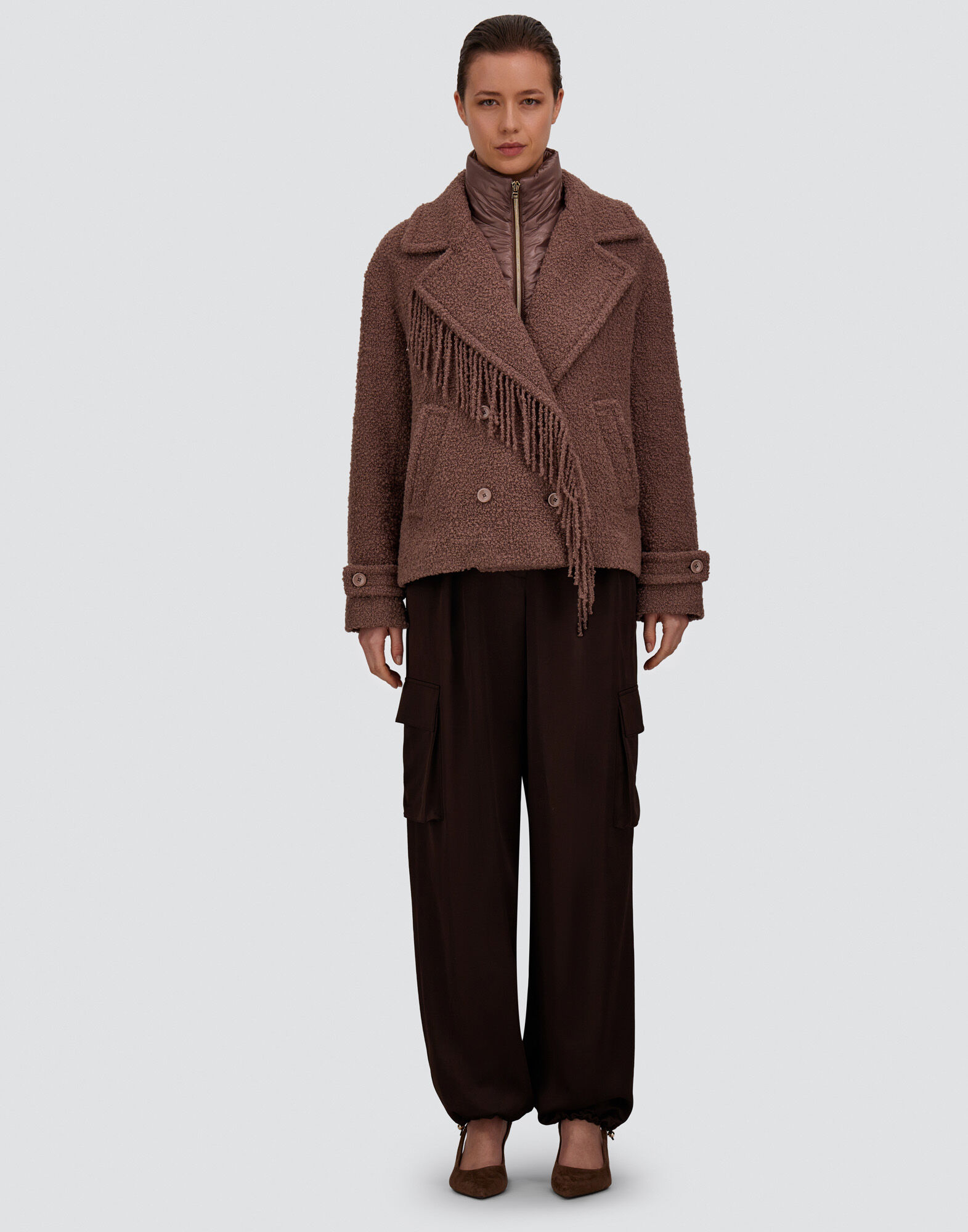 CABAN EN TEDDY AVEC FRANGES ET NYLON ULTRALIGHT