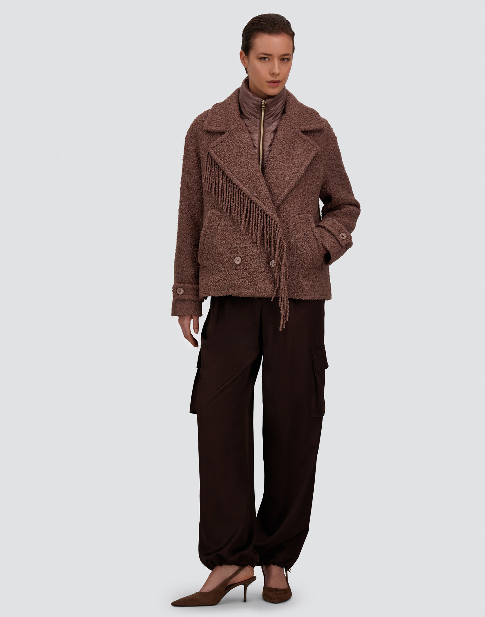 CABAN EN TEDDY AVEC FRANGES ET NYLON ULTRALIGHT