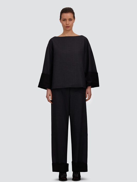 PANTALON EN GABARDINE DE LAINE ET SATIN DE VISCOSE