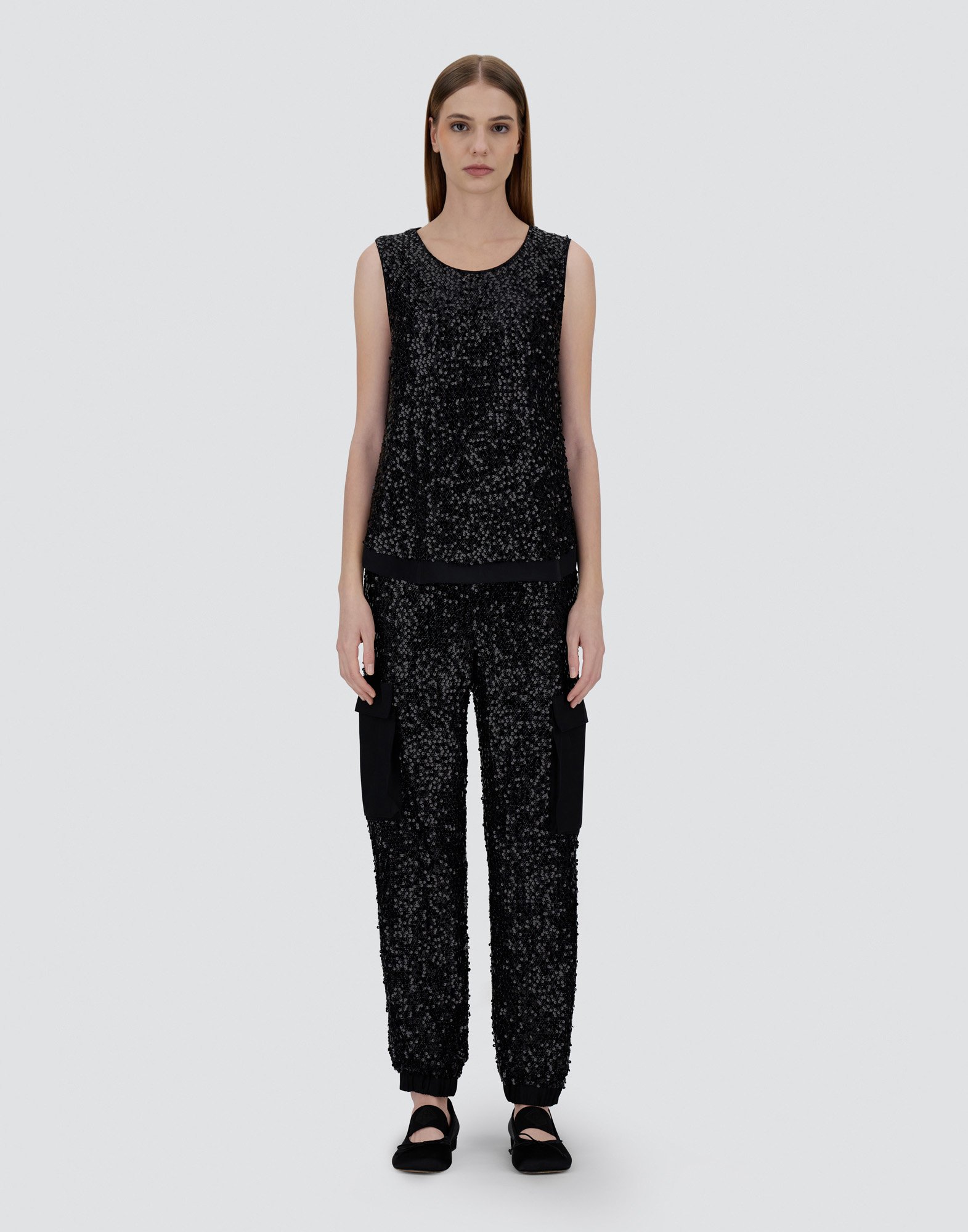 Herno Top In Sequin Mesh And Structured Nylon In Black