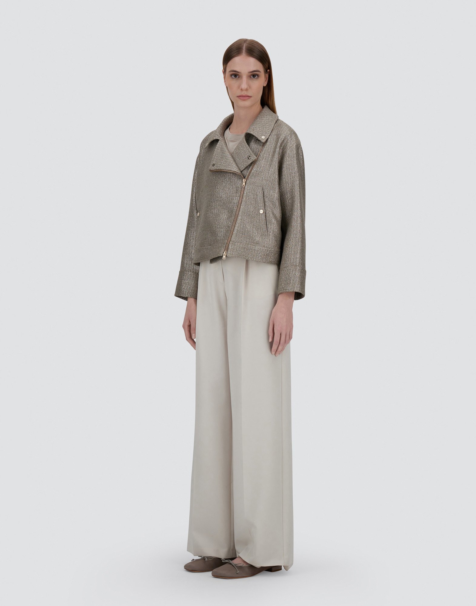 Herno Metallic Bouclé Biker Jacket In Dove Grey