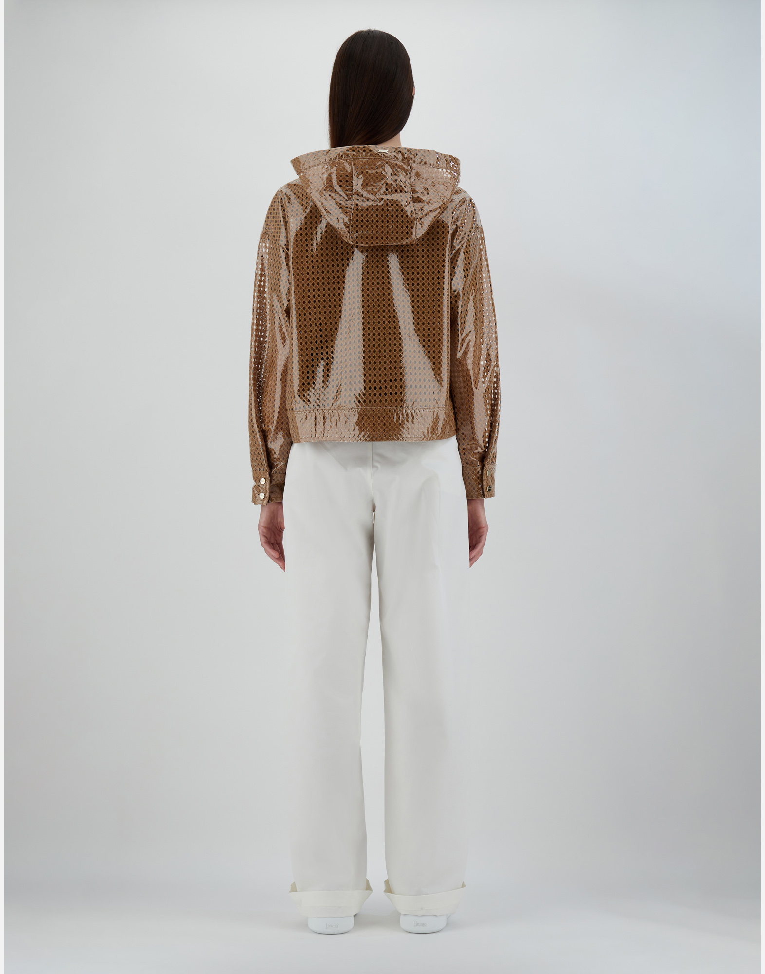 Herno Coated Pattern-lace Hooded Jacket In Sand