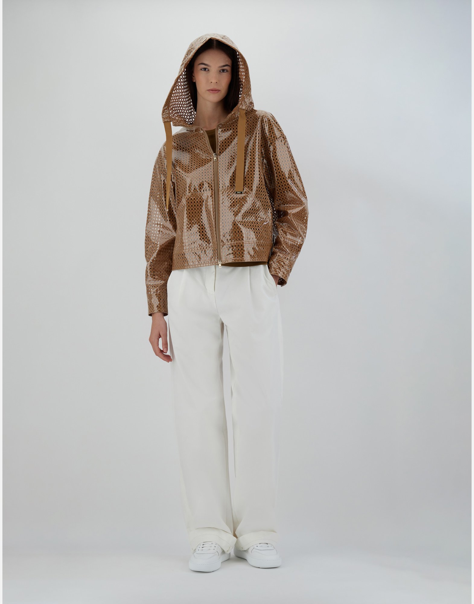 Herno Coated Pattern-lace Hooded Jacket In Sand