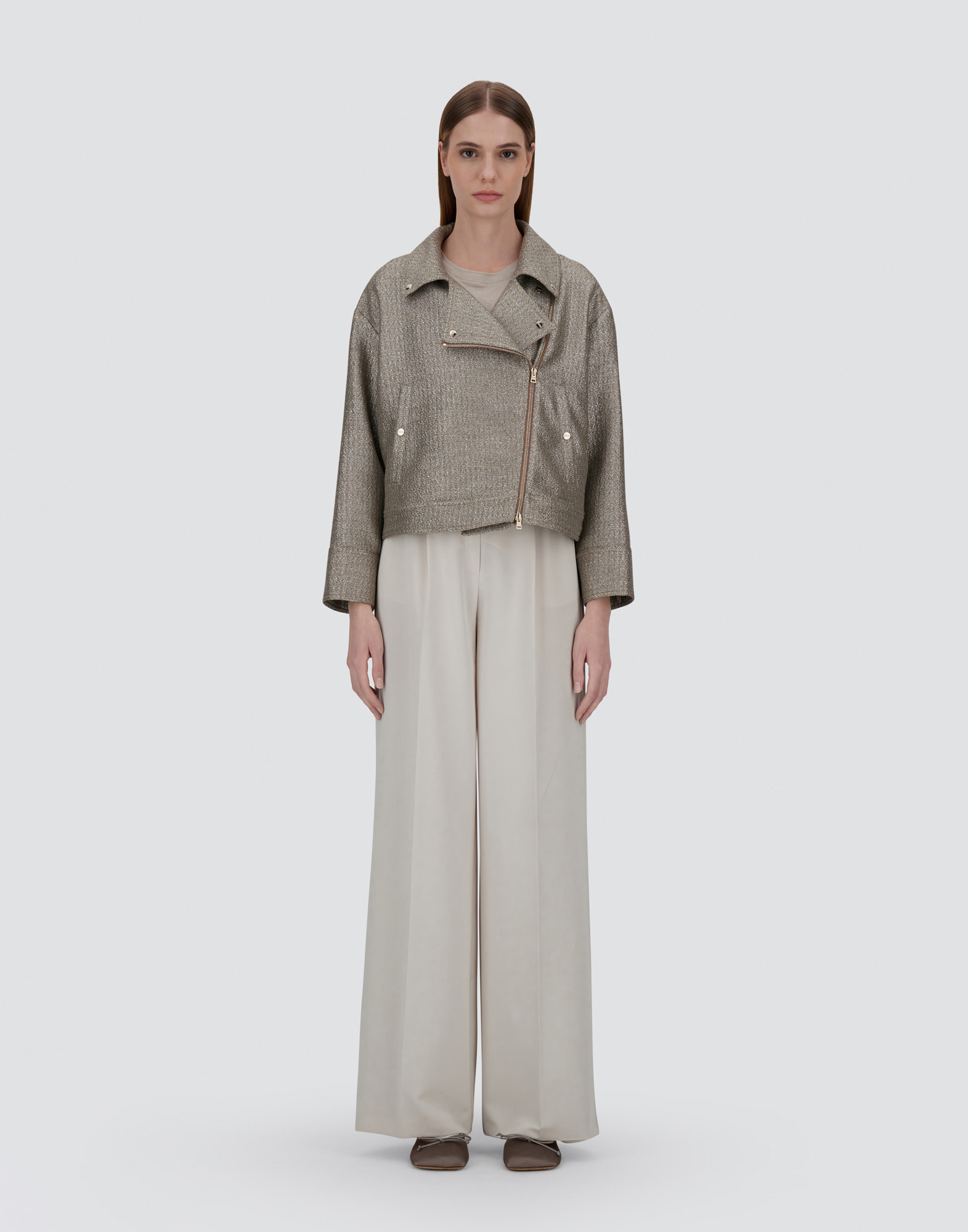 Herno Metallic Bouclé Biker Jacket In Dove Grey