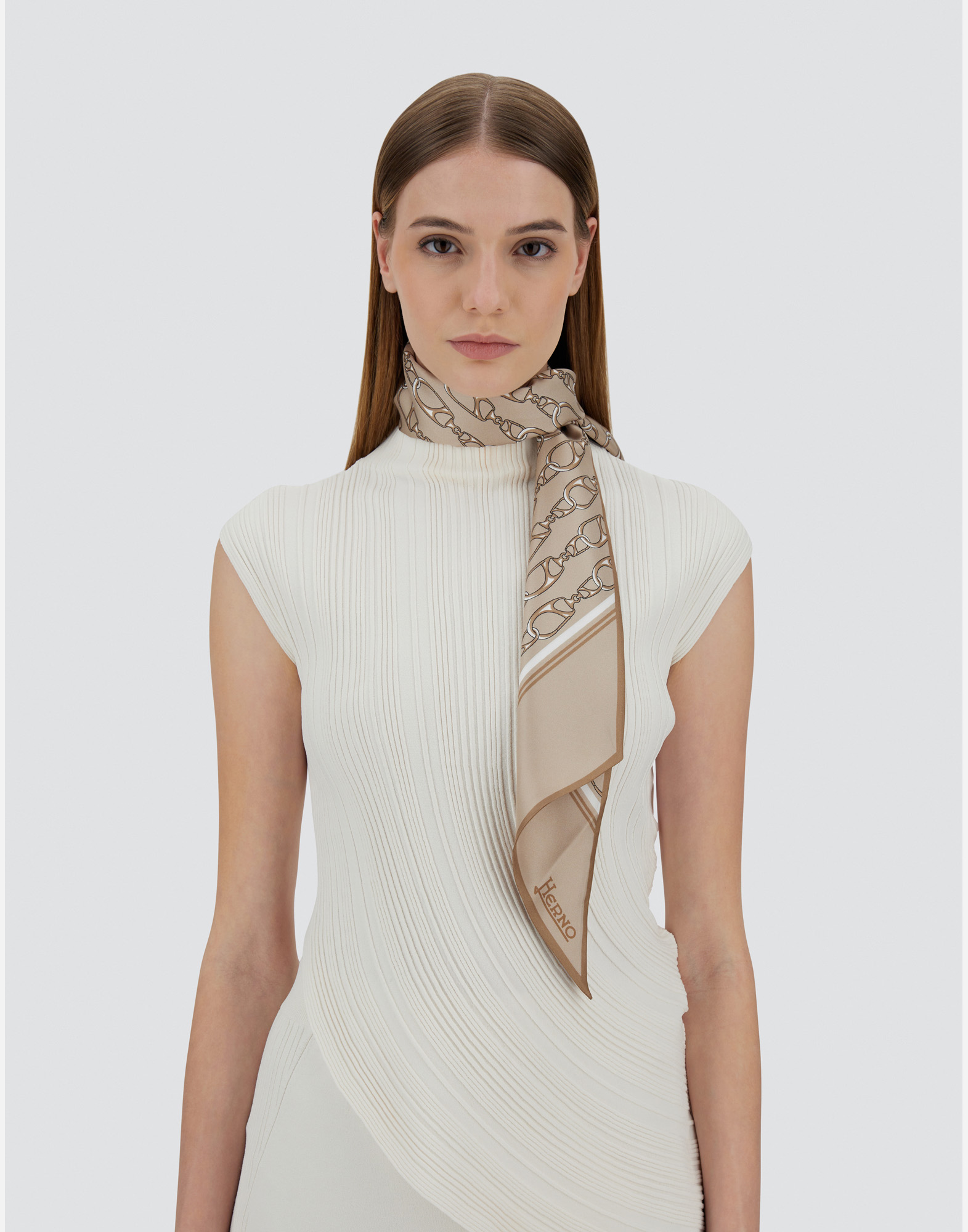 Herno Scarf In Iconic Print Silk In Camel