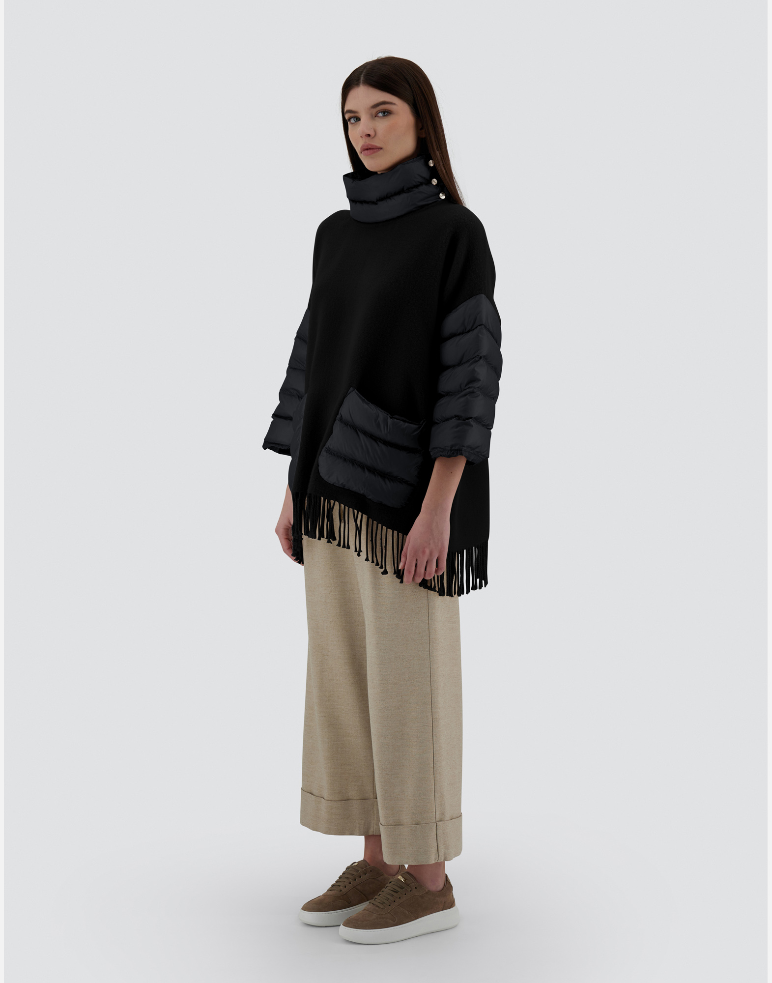 Herno Wool Poncho With Down Details In Black