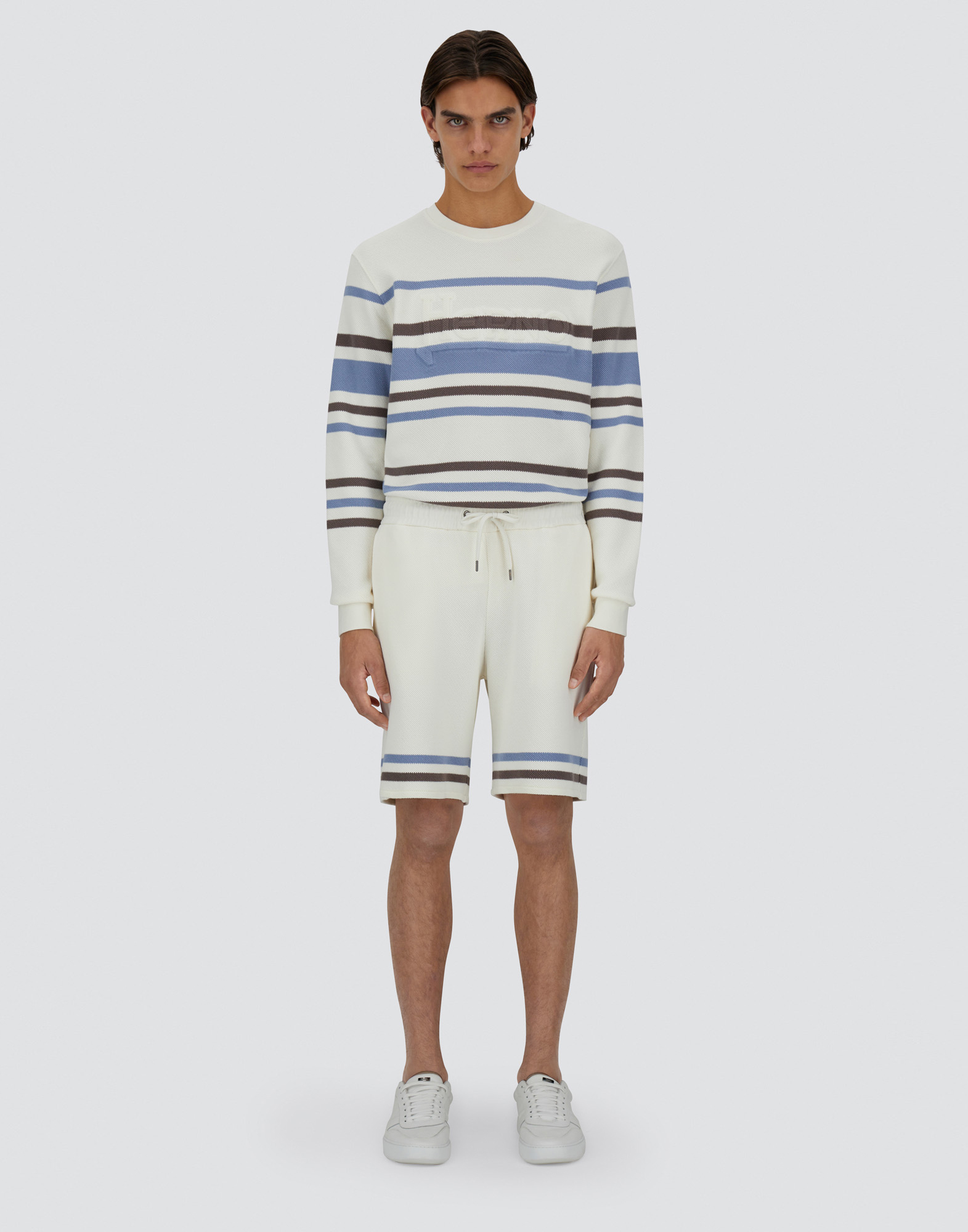 Herno Stripe Cotton Sweater Shorts In White/light Blue