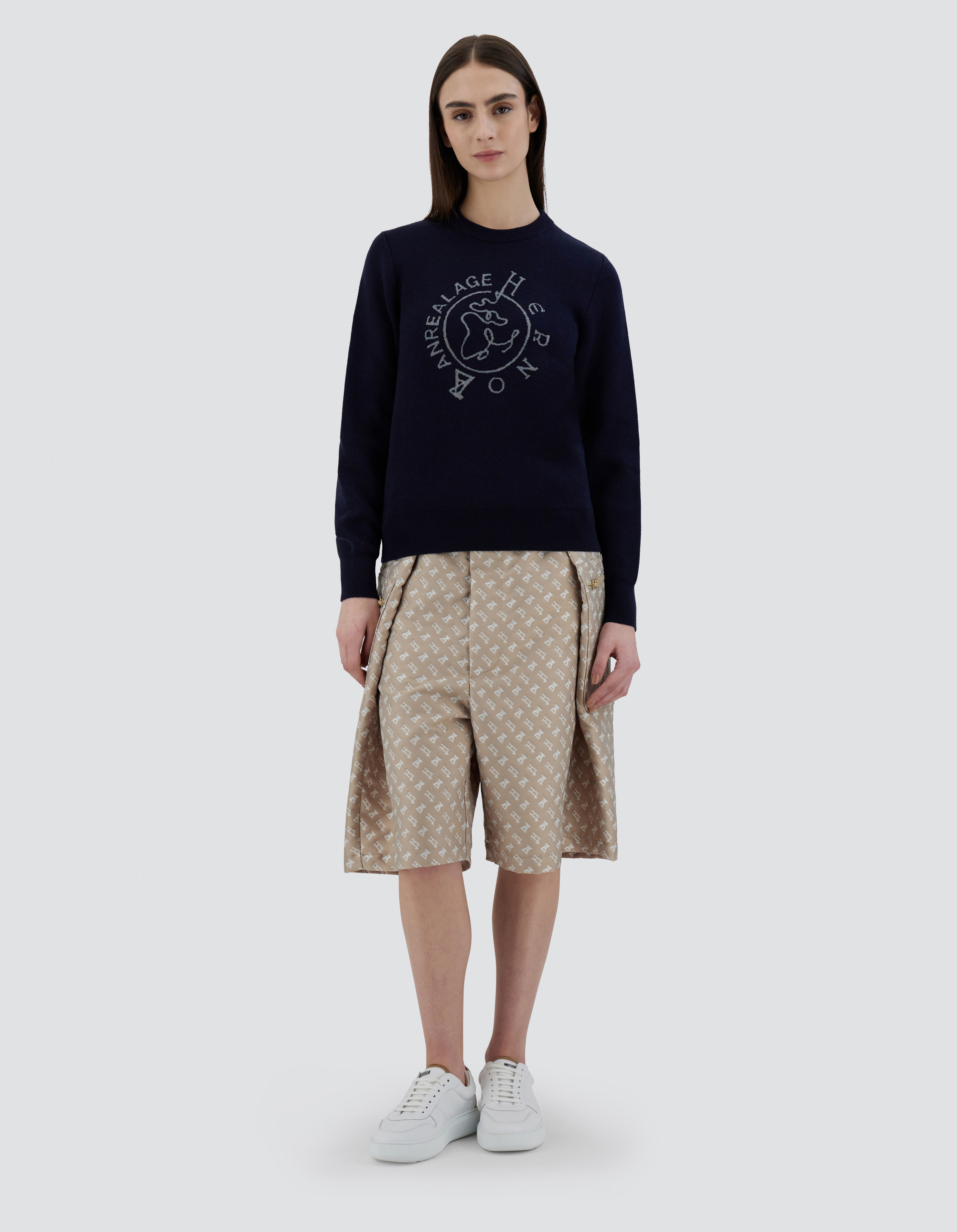 Herno Globe Cropped Trousers In Photocromatic Monogram In Light Beige