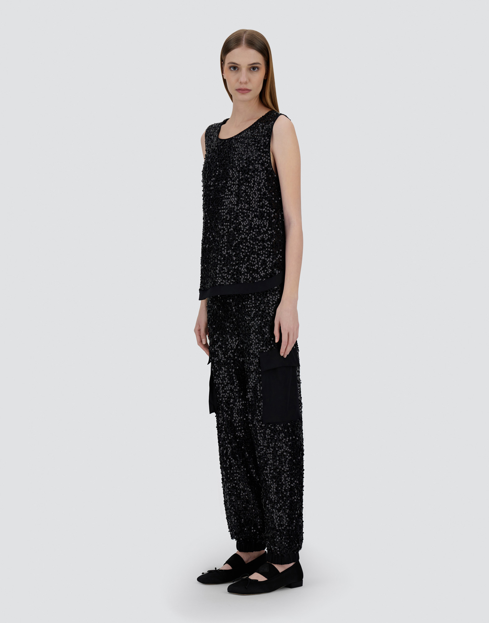 Herno Top In Sequin Mesh And Structured Nylon In Black