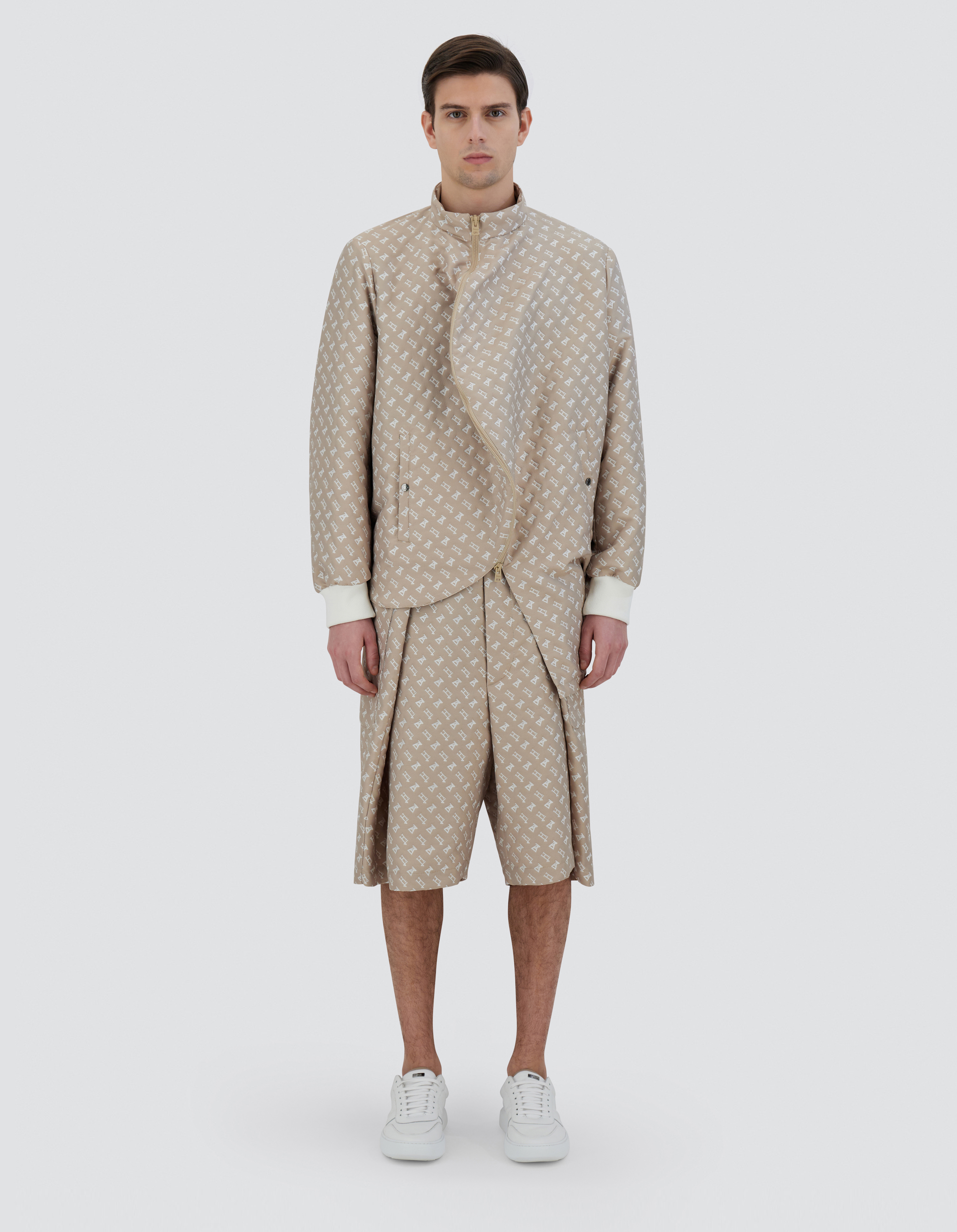 Herno Globe Bomber Jacket In Photocromatic Monogram In Light Beige