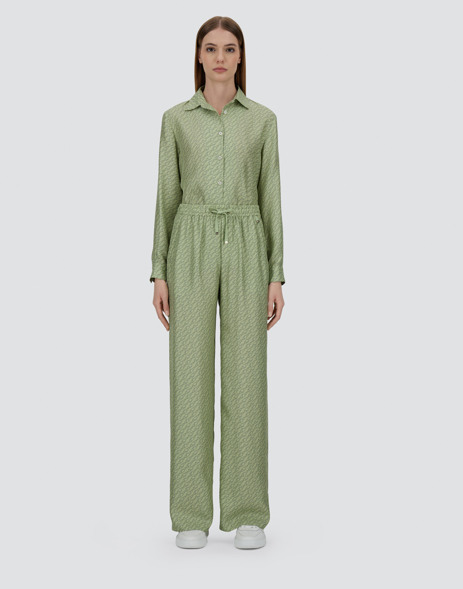 Herno Trousers In Iconic Print Silk In Light Green