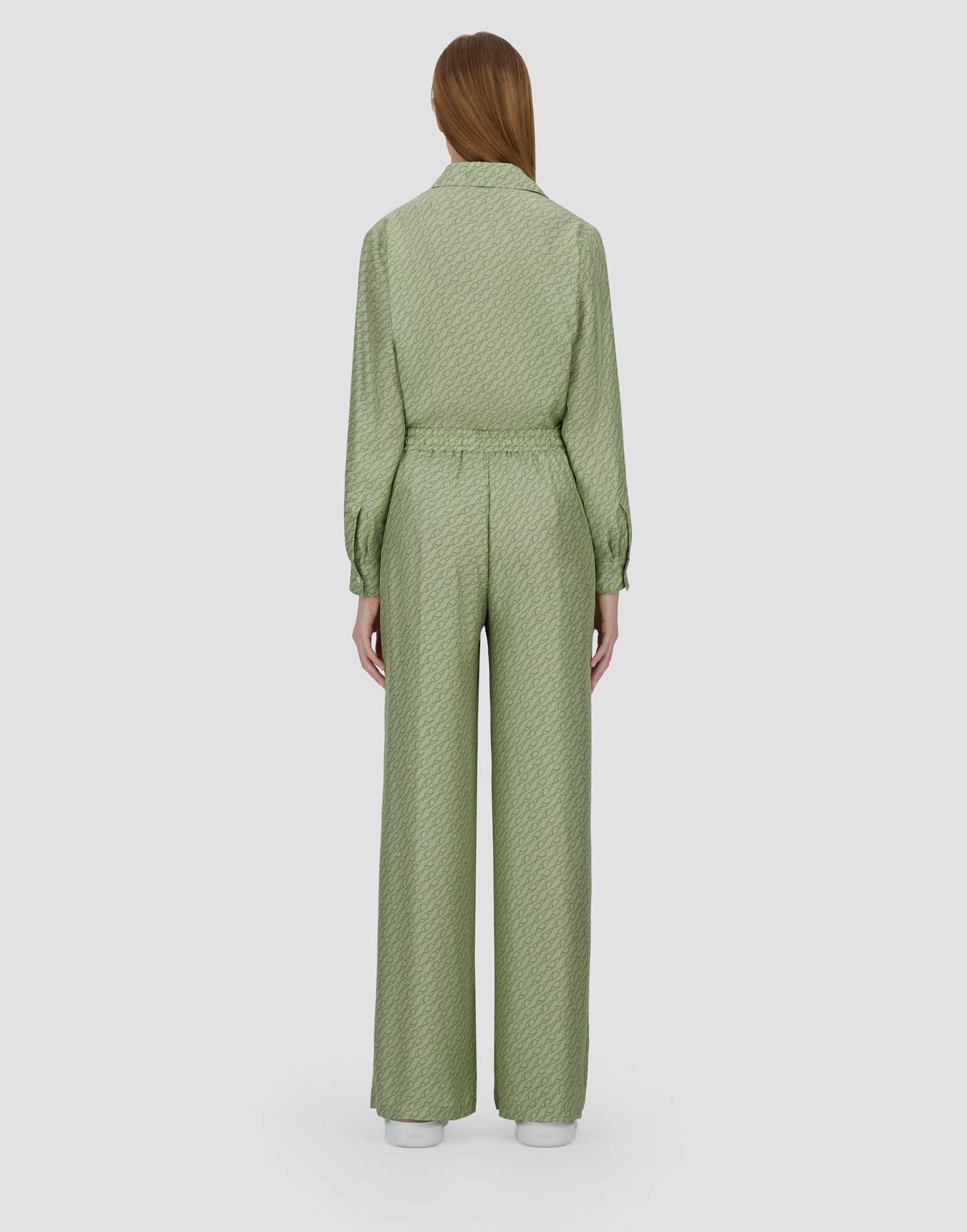 Herno Trousers In Iconic Print Silk In Light Green