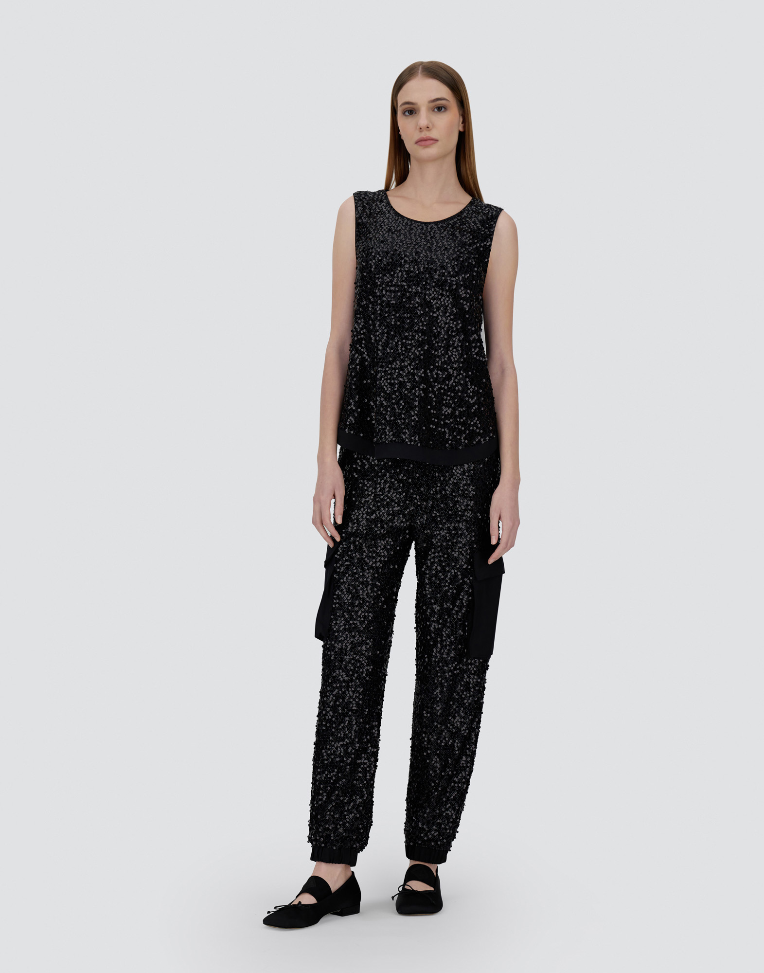 Herno Top In Sequin Mesh And Structured Nylon In Black
