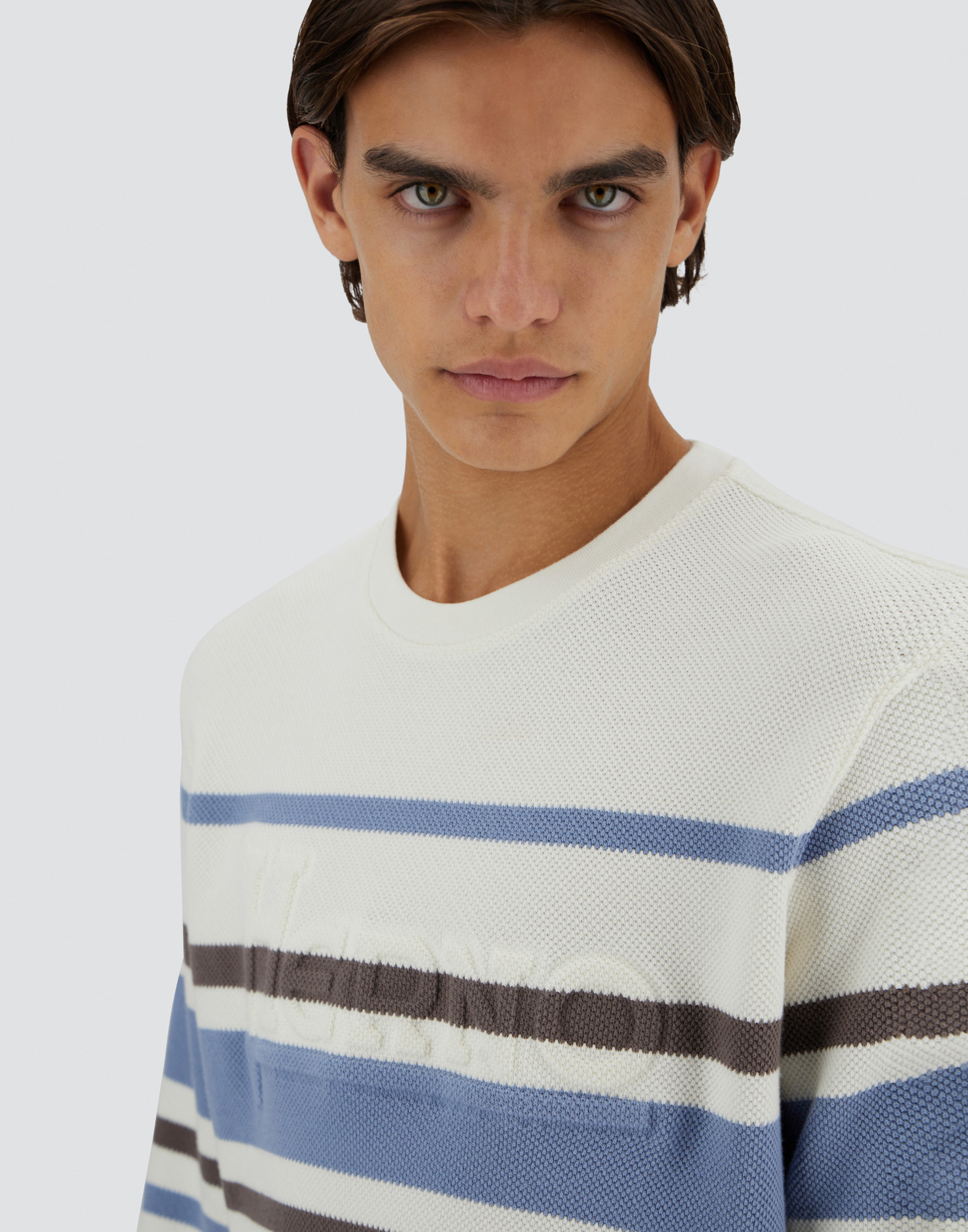 Herno Sweatshirt In Stripe Cotton Sweater In White/light Blue