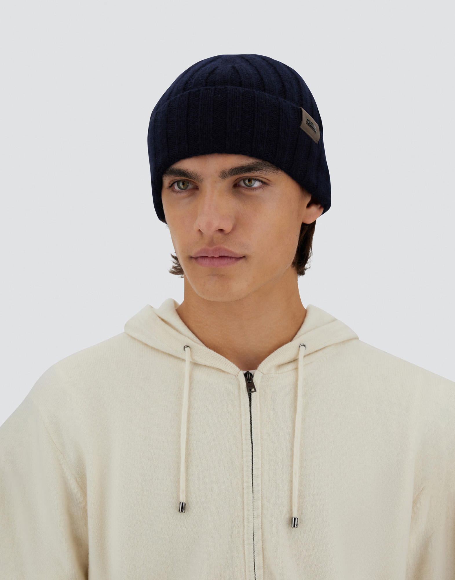 Herno Cashmere And Alcantara Beanie In Dark Blue