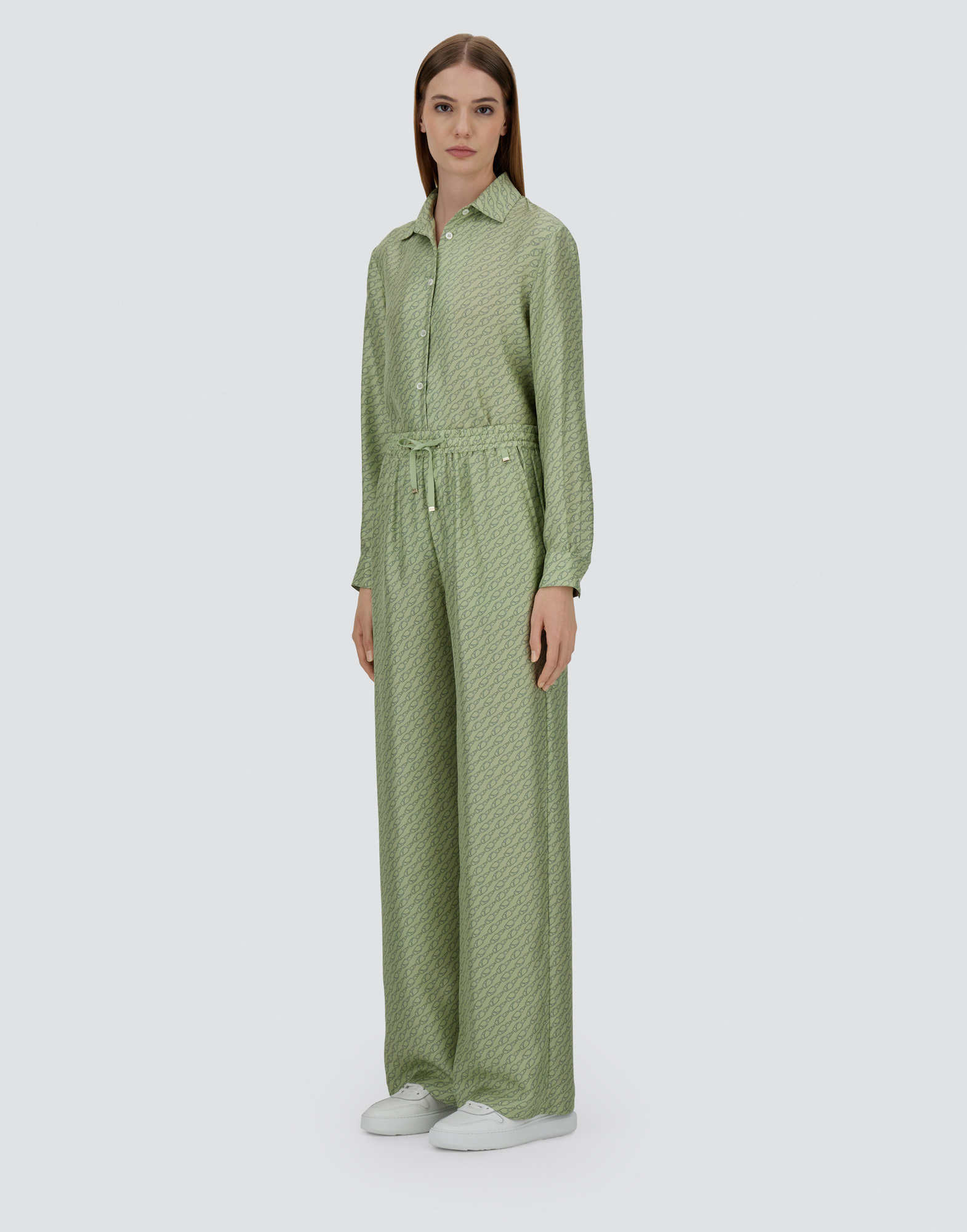 Herno Trousers In Iconic Print Silk In Light Green