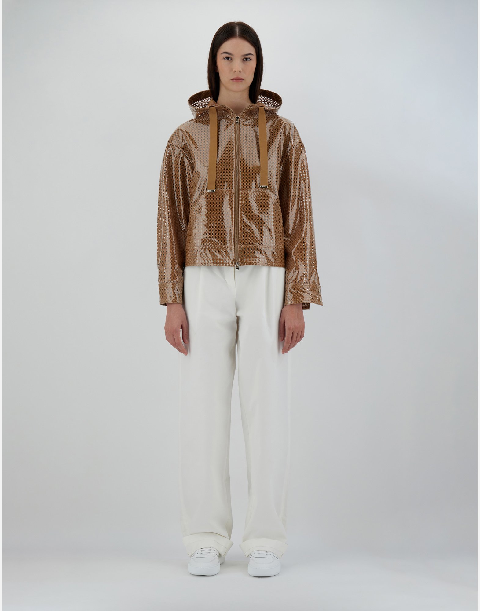 Herno Coated Pattern-lace Hooded Jacket In Sand
