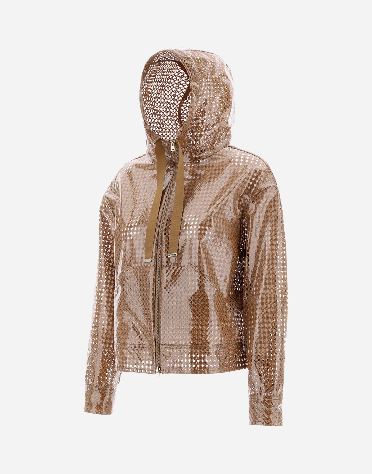 Herno Coated Pattern-lace Hooded Jacket In Sand