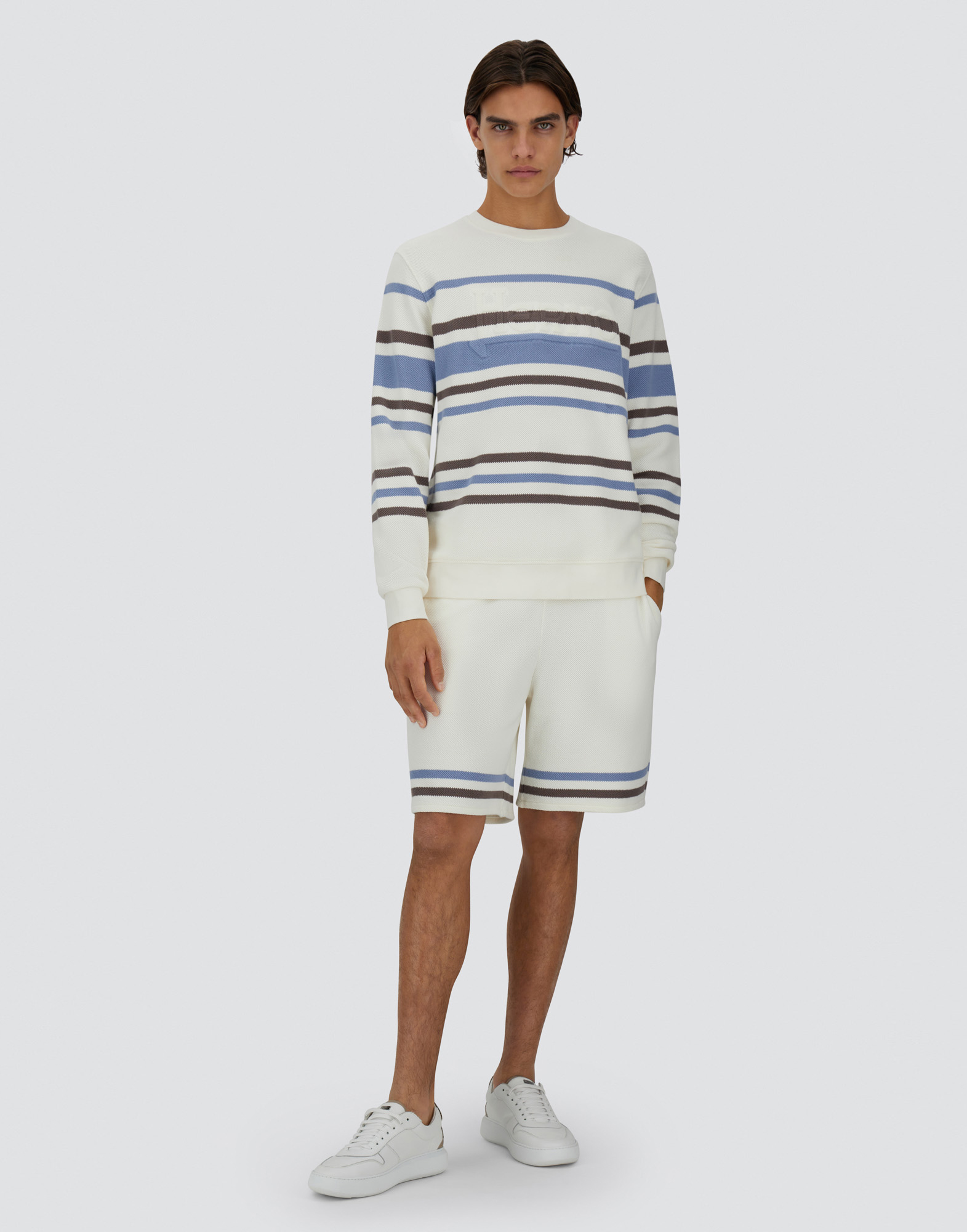Herno Sweatshirt In Stripe Cotton Sweater In White/light Blue