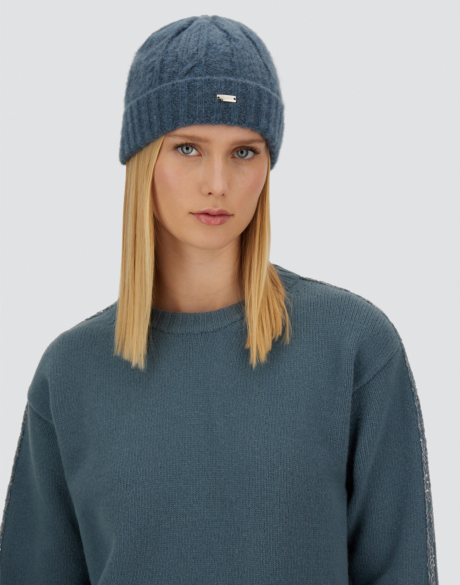 Herno Resort Beanie In Cable Knit Alpaca Wool In Blue