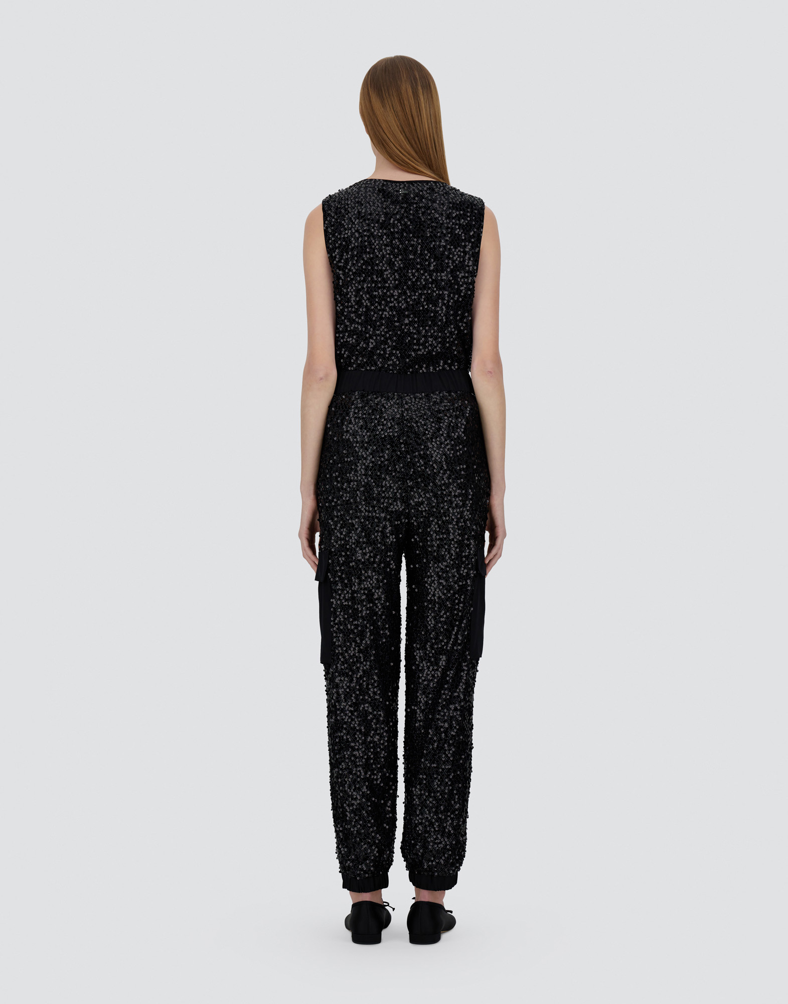 Herno Cargo Trousers In Sequin Mesh And Structured Nylon In Black