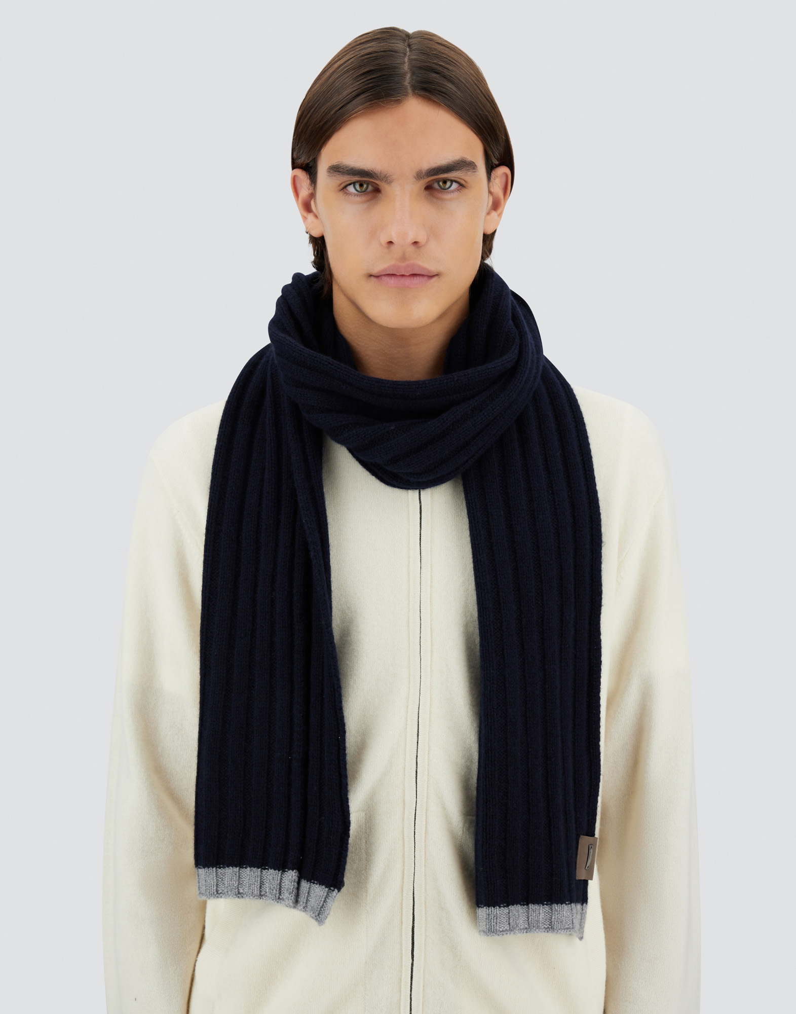 Herno Cashmere And Alcantara Scarf In Dark Blue