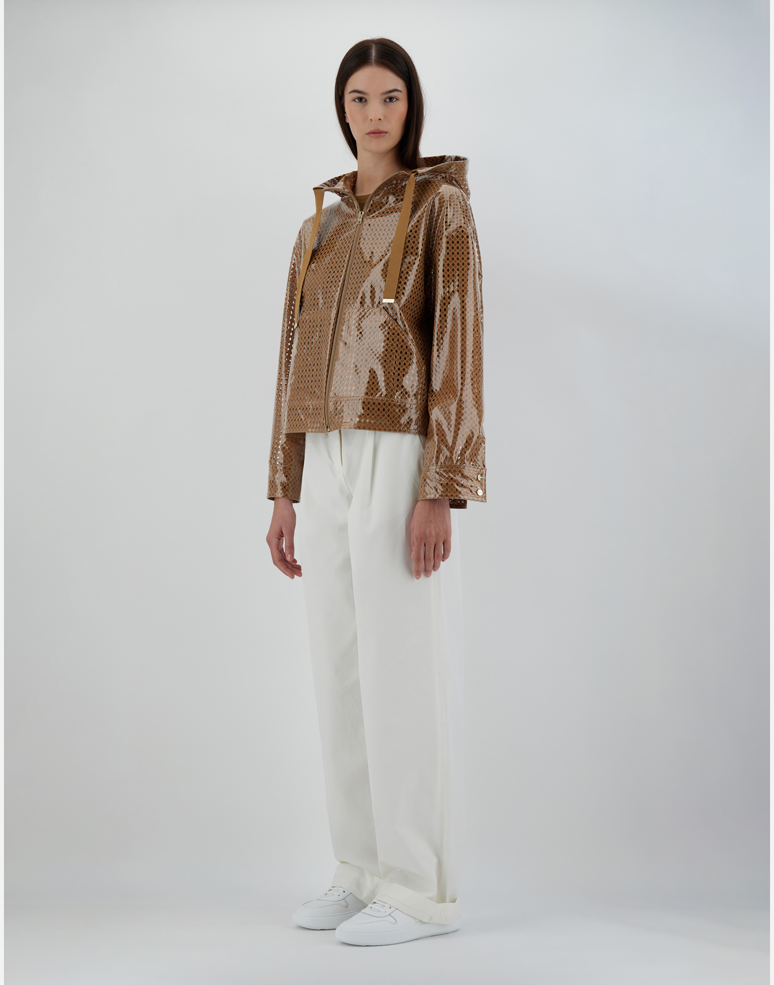 Herno Coated Pattern-lace Hooded Jacket In Sand