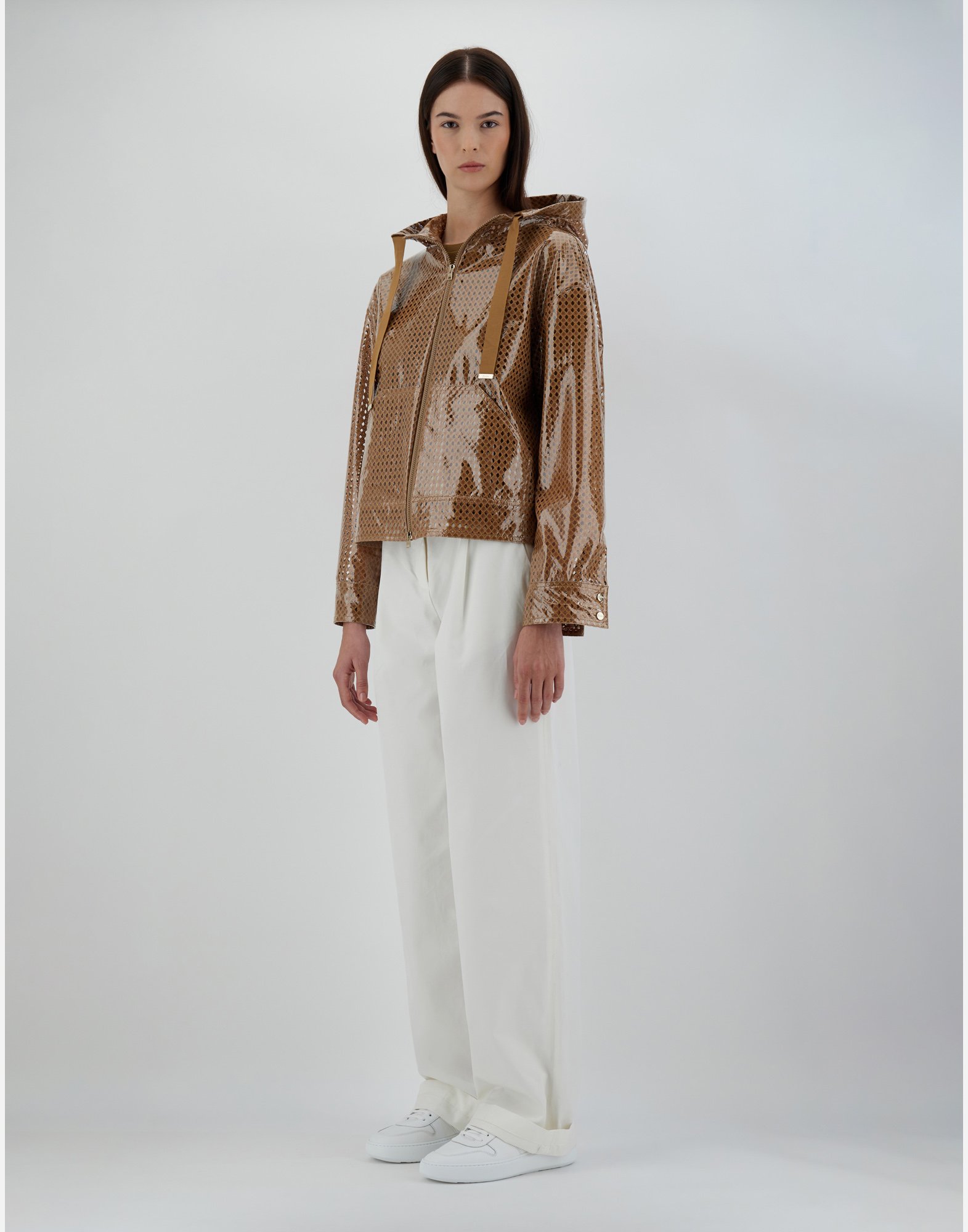 Herno Coated Pattern-lace Hooded Jacket In Sand