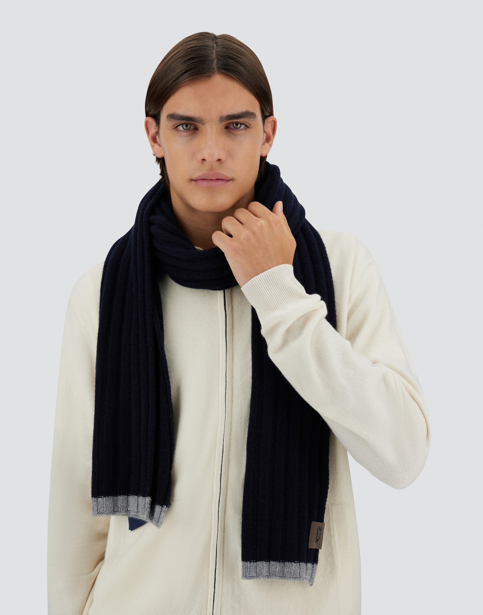 Herno Cashmere And Alcantara Scarf In Dark Blue