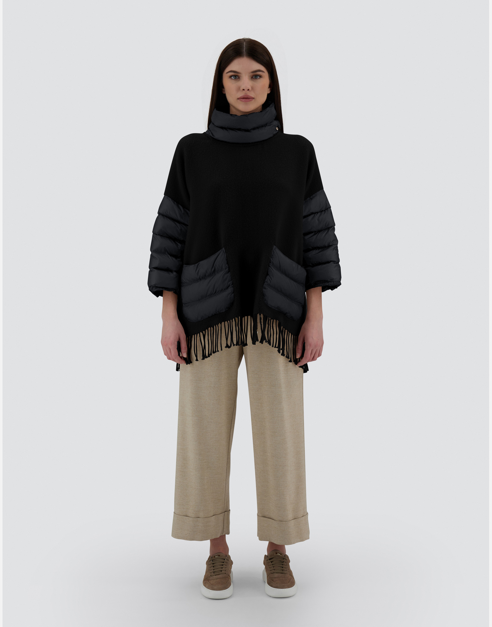 Herno Wool Poncho With Down Details In Black