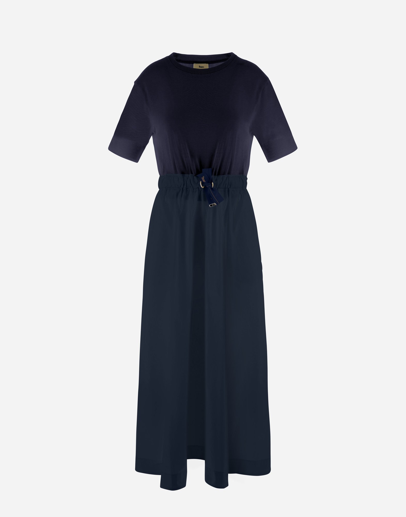 Herno Blue Crewneck Midi Dress With Elastic Drawstring Waist And Panelled Design In Navy Blue