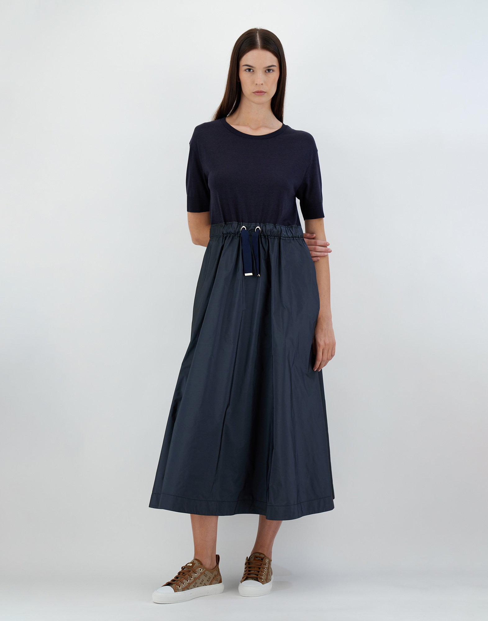 Herno Blue Crewneck Midi Dress With Elastic Drawstring Waist And Panelled Design In Navy Blue