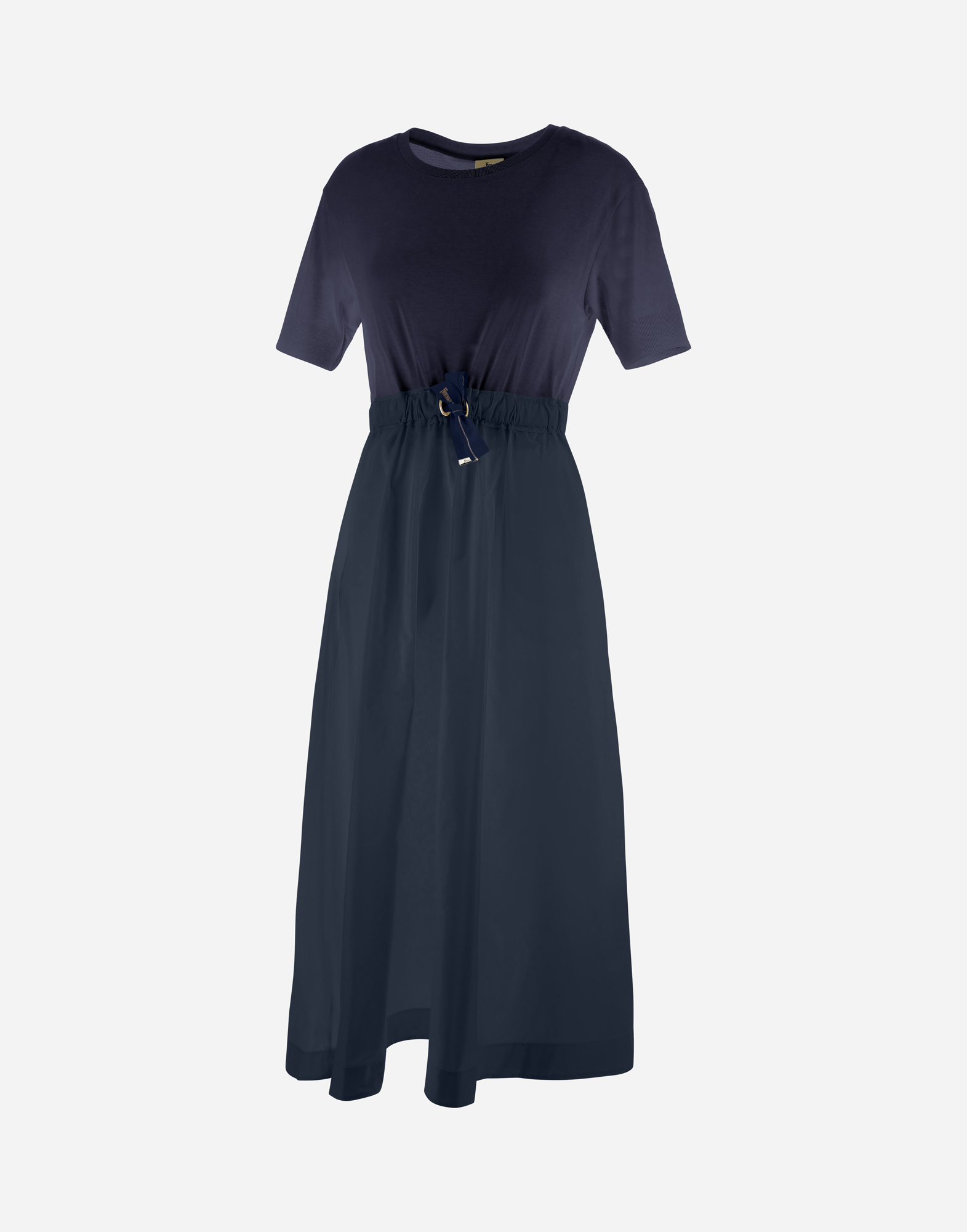 Herno Blue Crewneck Midi Dress With Elastic Drawstring Waist And Panelled Design In Navy Blue