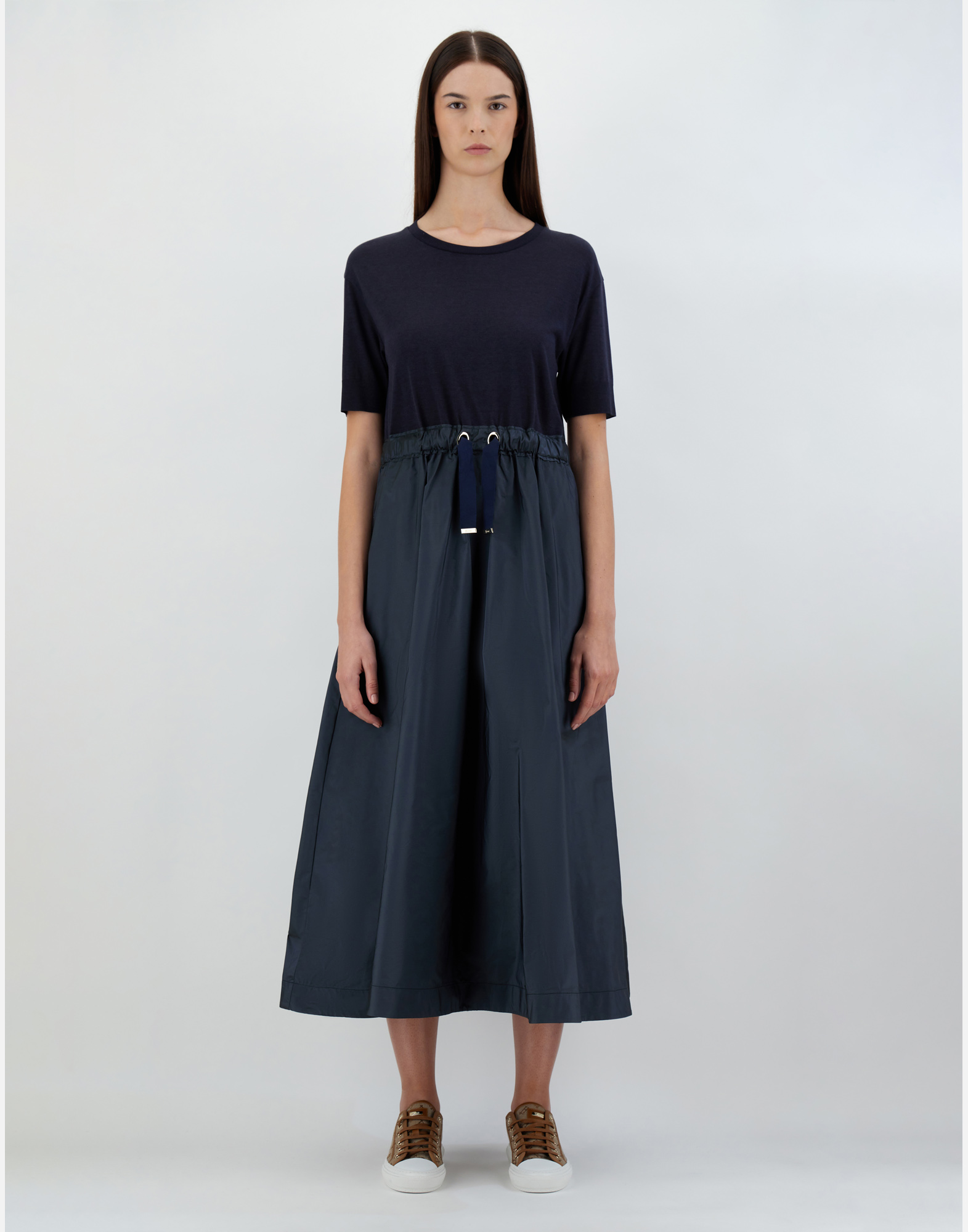 Herno Blue Crewneck Midi Dress With Elastic Drawstring Waist And Panelled Design In Navy Blue