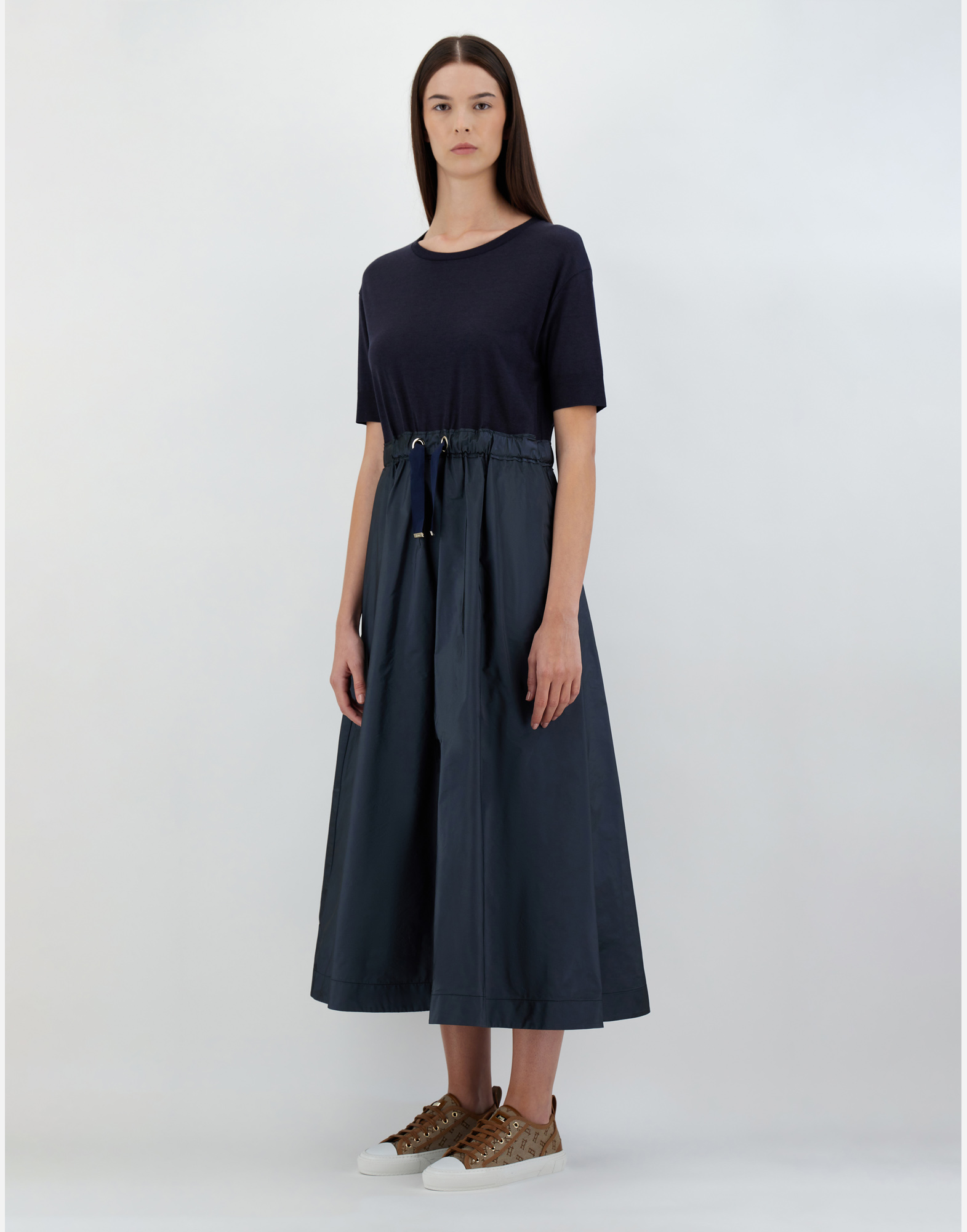Herno Blue Crewneck Midi Dress With Elastic Drawstring Waist And Panelled Design In Navy Blue