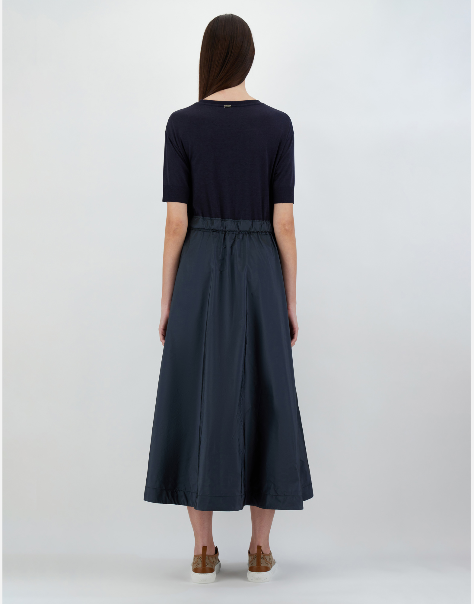 Herno Blue Crewneck Midi Dress With Elastic Drawstring Waist And Panelled Design In Navy Blue