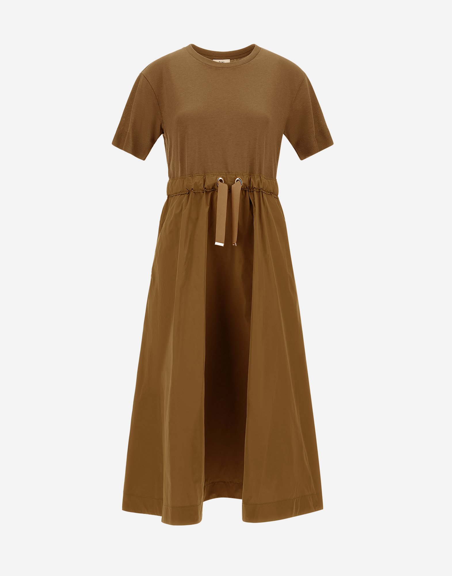 Herno Dress In Glam Knit Effect And Techno Taffeta In Camel