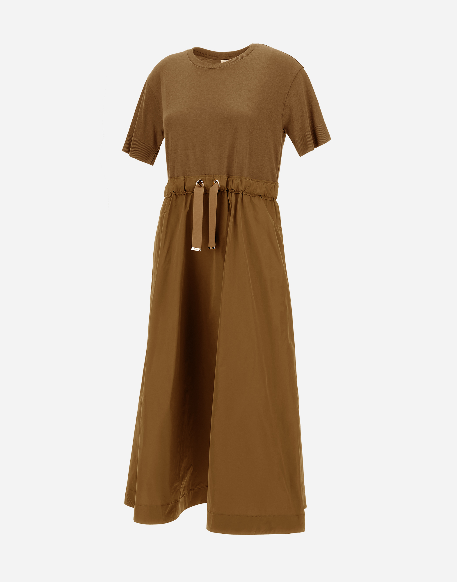 Herno Dress In Glam Knit Effect And Techno Taffeta In Camel