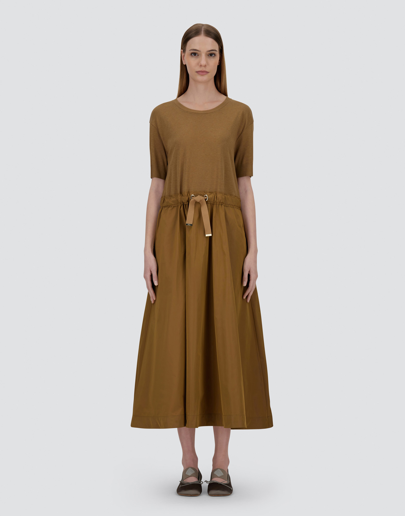 Herno Dress In Glam Knit Effect And Techno Taffeta In Camel