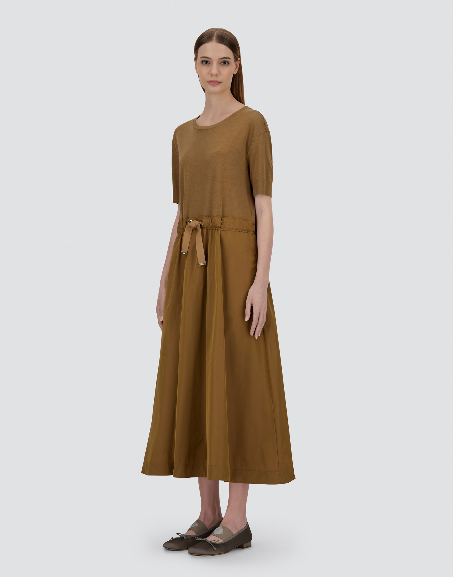 Herno Dress In Glam Knit Effect And Techno Taffeta In Camel