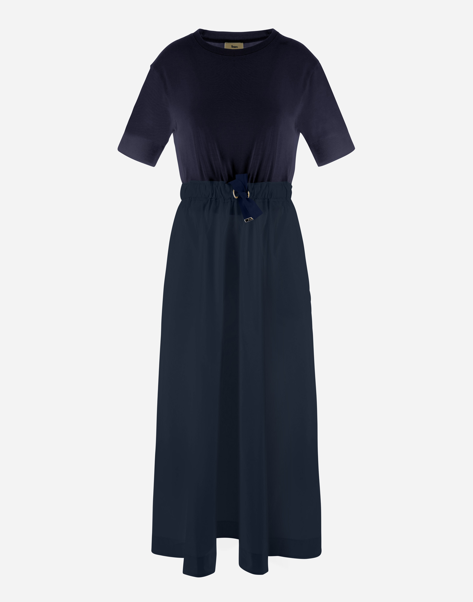 Herno Blue Crewneck Midi Dress With Elastic Drawstring Waist And Panelled Design In Blu Navy
