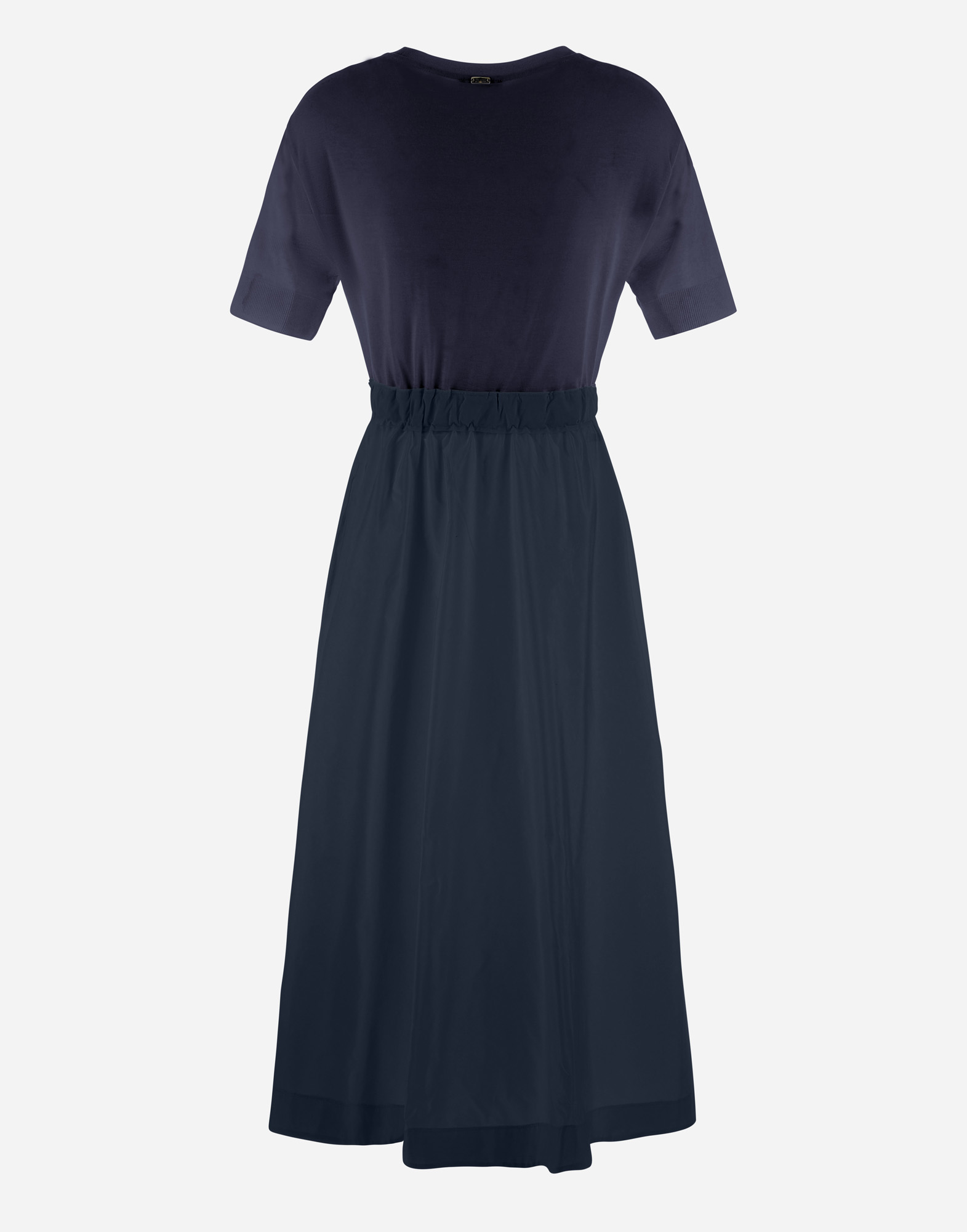 Herno Blue Crewneck Midi Dress With Elastic Drawstring Waist And Panelled Design In Blu Navy