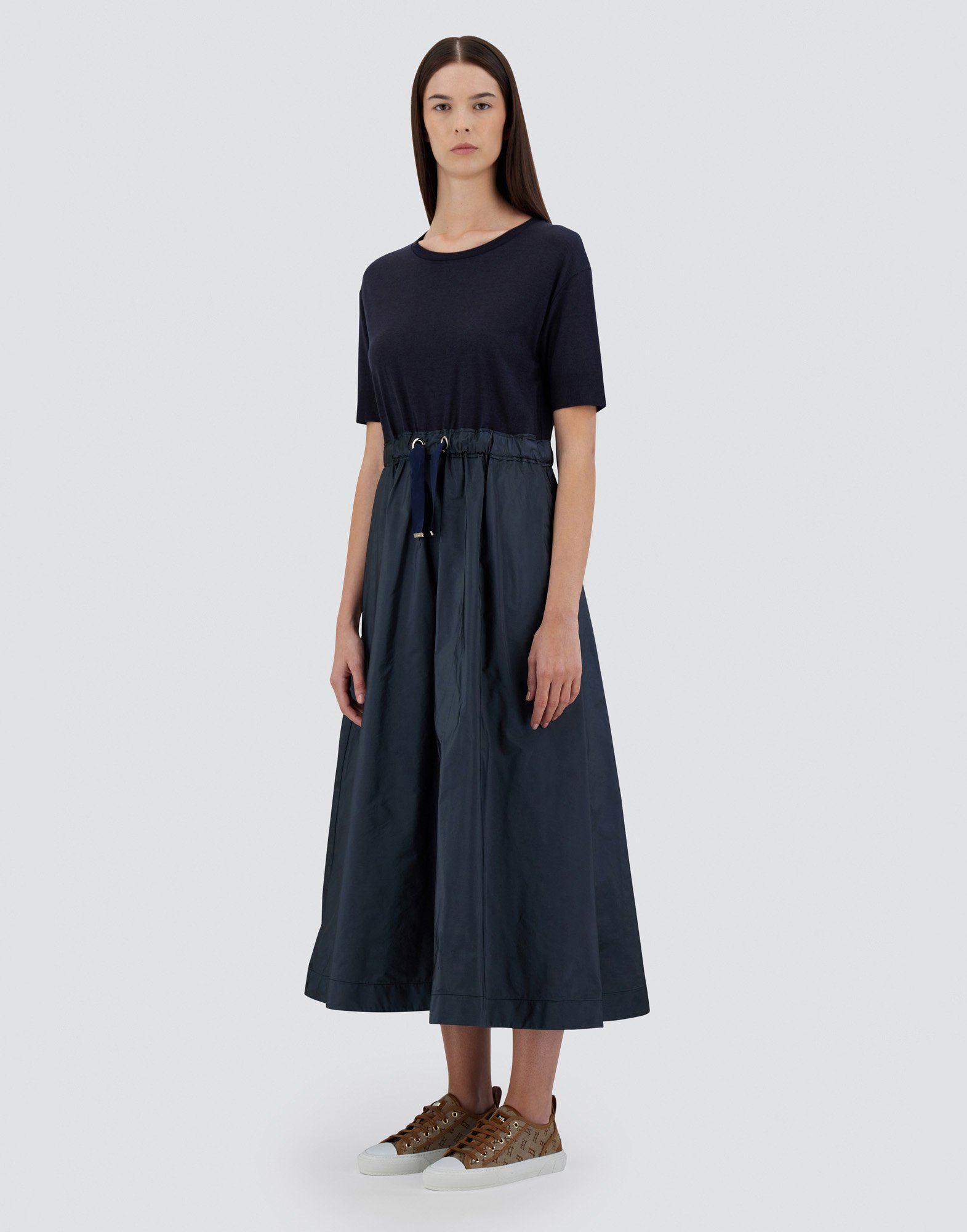 Herno Blue Crewneck Midi Dress With Elastic Drawstring Waist And Panelled Design In Blu Navy